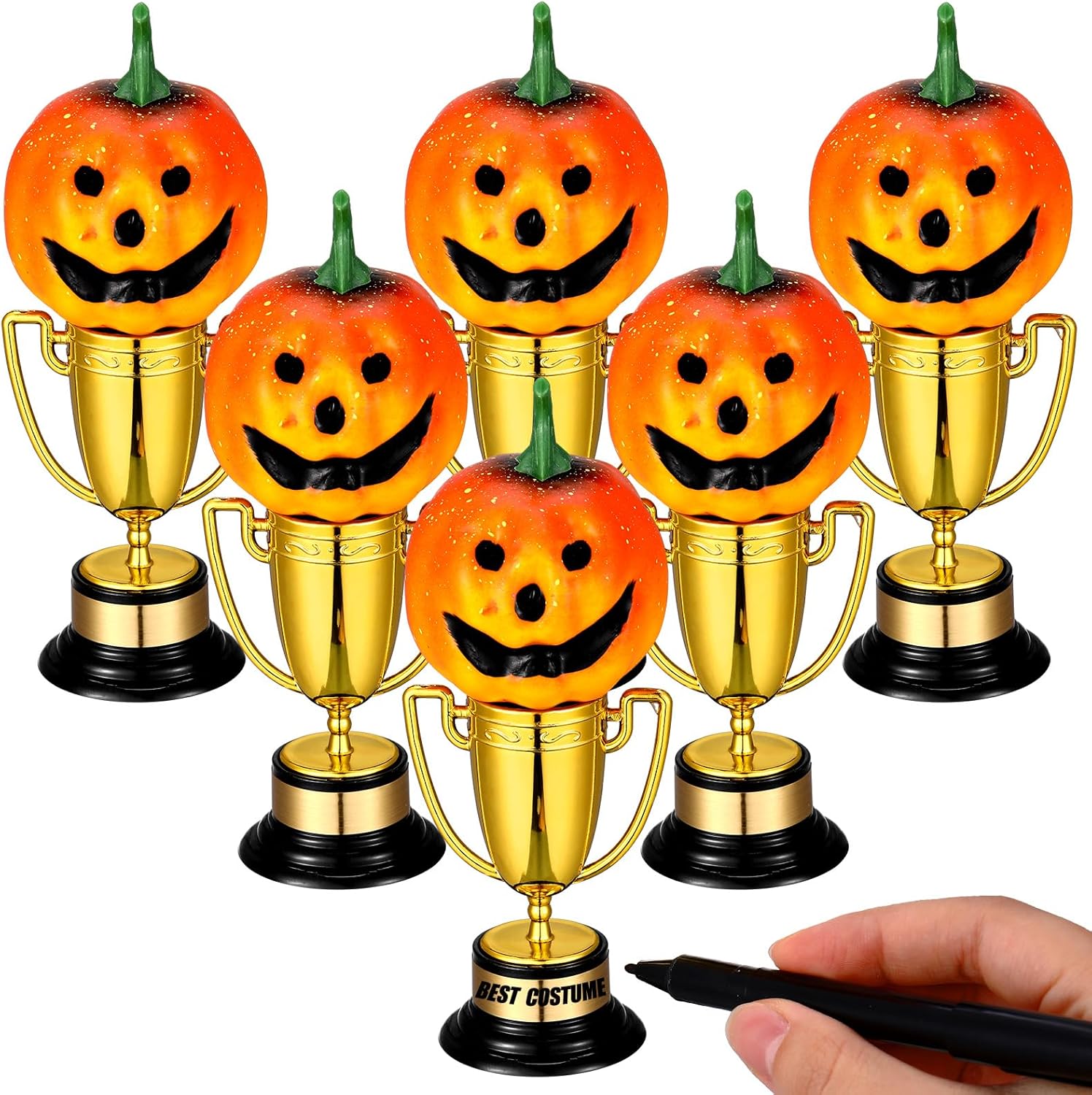 WinnerWhy 6 Pcs Halloween Pumpkin Trophy Set Orange Pumpkin Award Trophy Mini Plastic Award Cups with 10 Gold Blank Stickers 1 Black Marker for Halloween Party Favors