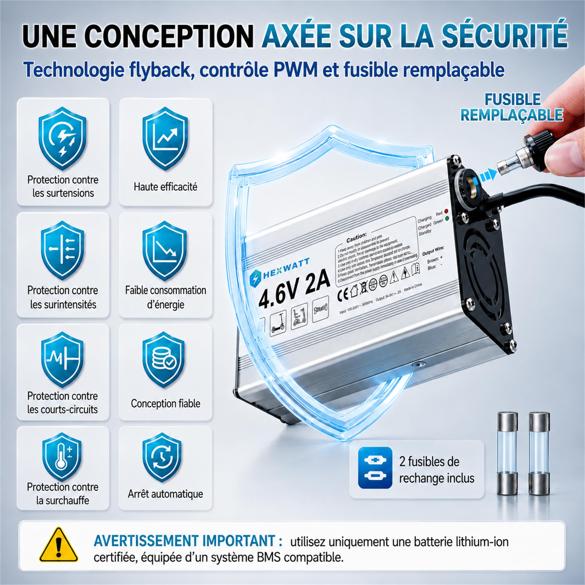 Chargeur de Batterie Lithium-ION Universel pour vélo électrique (eBike), Trottinette électrique et Hoverboard Remplacement avec 7 connecteurs (54.6V2A)