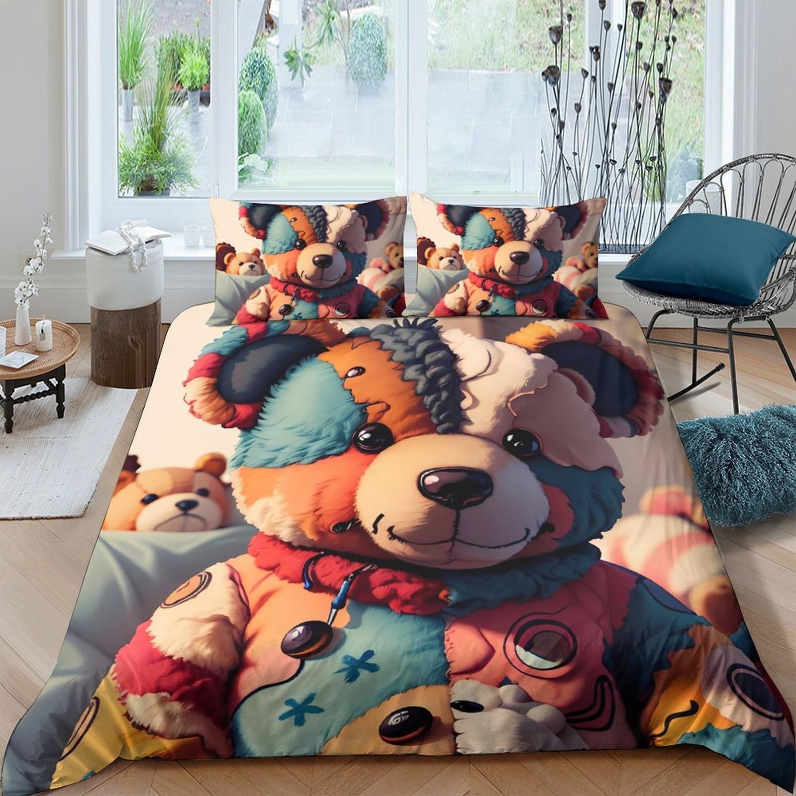 Ctjqhvkz Style-2 3D Printed Patchwork Teddy Bear Fitted Sheet Microfiber Soft Colourful Animal Bed Cover For Bedroom Guest Room Dorm Decor Single（135X200cm）