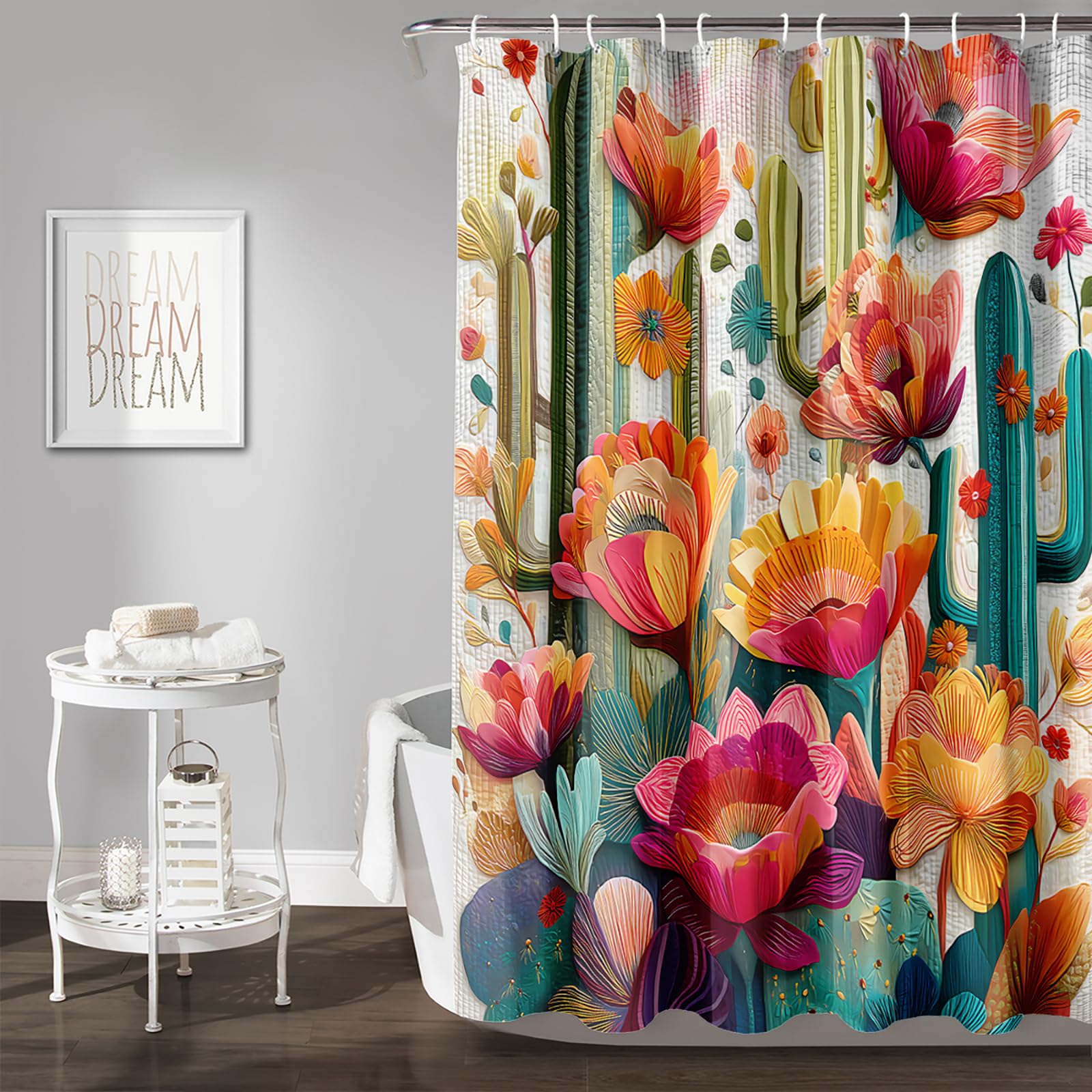 AILONEN Cactus Shower Curtain,Colorful Floral Plants Bath Curtain for Girls Women,Desert Botanical Bathroom Decor + Plastic Hooks,Waterproof, 72
