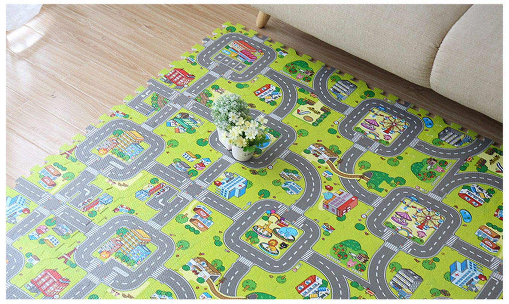 Tappeto a puzzle di gomma EVA per bambini Disegno di strade cittadine. 90 x 90 x 1 cm. 9 pezzi intercambiabili.