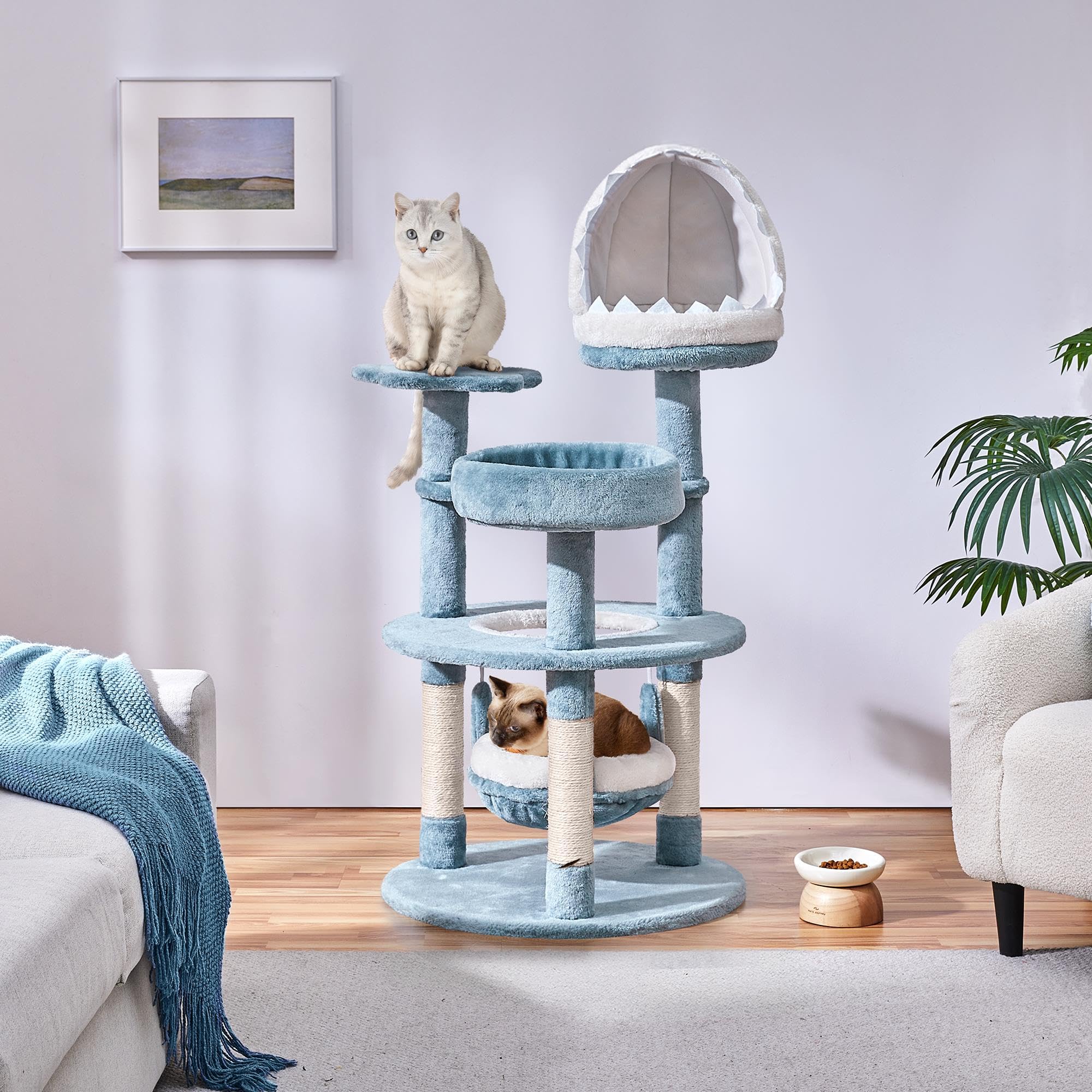 Abicain Arbre à Chat Tour pour Chat Multiniveau avec Niche Effet Requin, Hamac, Perchoir, Poteau en Sisal, 55 × 55× 115 cm, Bleu/Blanc