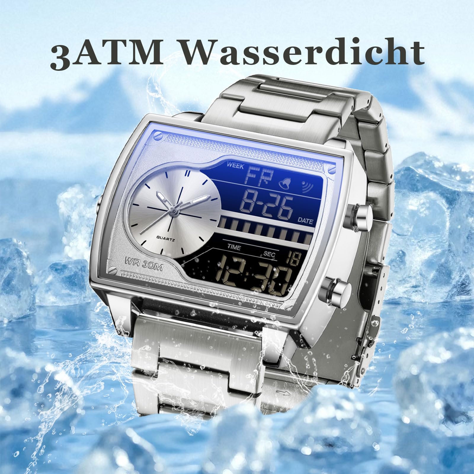 findtime Orologio da uomo rettangolare retrò lussuoso orologio da polso da uomo digitale analogico al quarzo classico business casual tre fuso orario impermeabile illuminato grande quadrante per