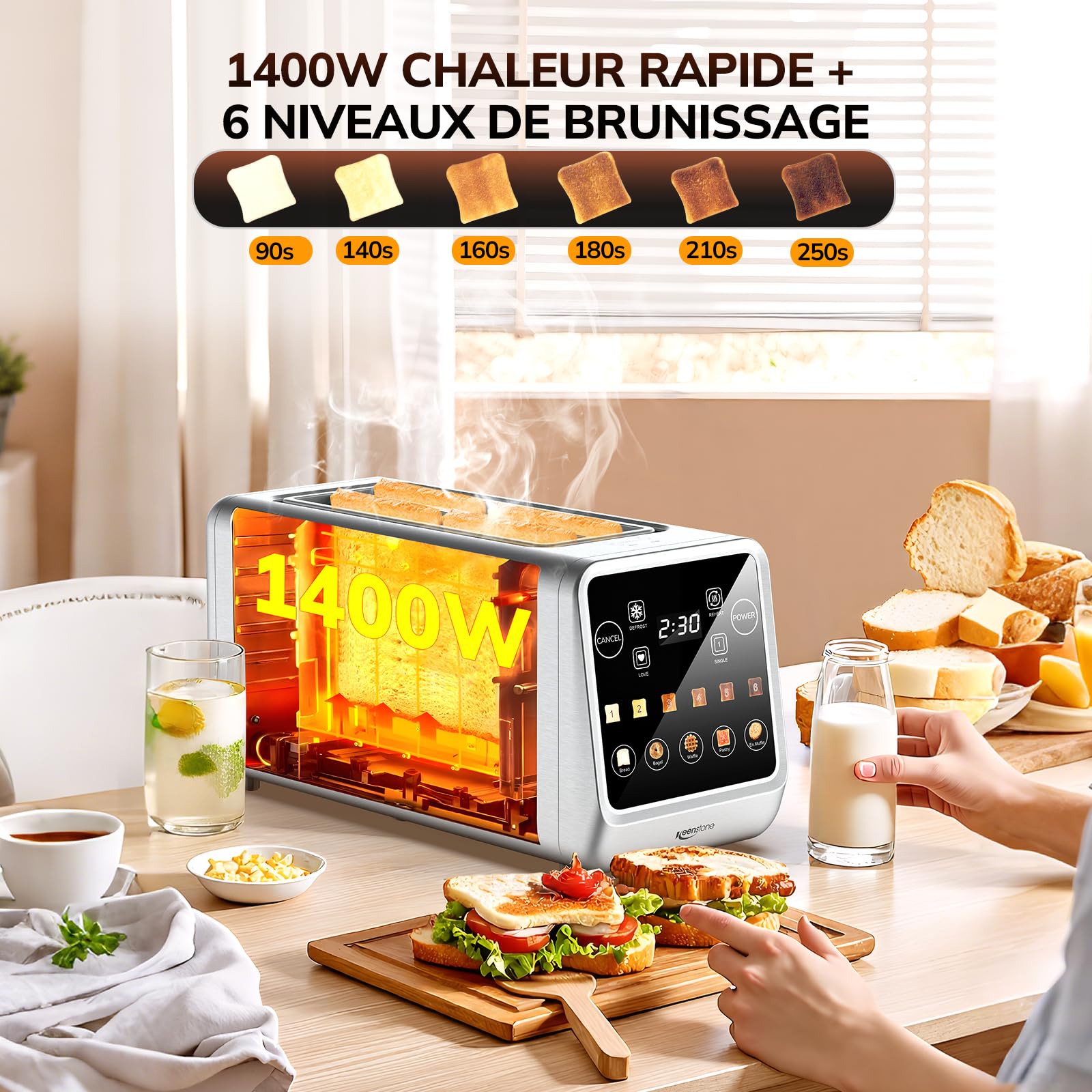 Keenstone Grille-pain 4 Tranches, Intelligent Écran Tactile, Mémoire, Grillage d’Une Tranche, Minuterie, Réchauffage/Dégivrage pour Bagels, Muffins, Essentiel Acier Inoxydable