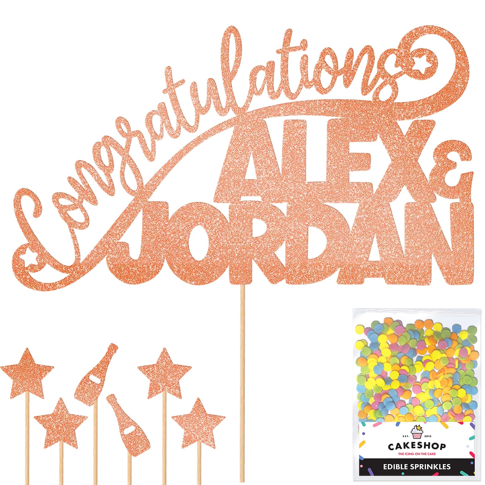 Personalised Congratulations Celebration Glitter Cake Topper - Rose Gold Any Name(s) Cake Decoration and Sprinkles - Any Occasion Party Decorations - Personalised Toppers for Cakes by Cakeshop