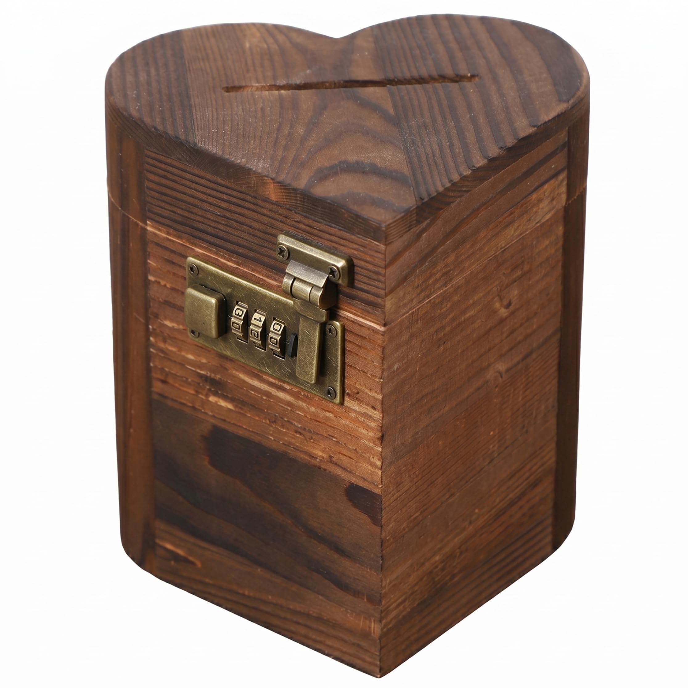 Monwssoe Wooden Money Saving Box, Heart-Shaped Wooden Keepsake Box with Lock Wood for Coin, Cash, Jewelry, Secret, 6in