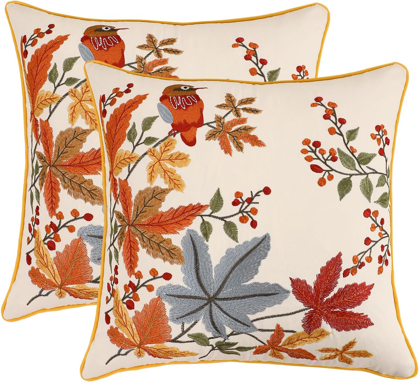 Tosleo Embroidered Pillow Covers 18 x 18 Pack of 2 Vintage Birds with Maple Leaves Farmhouse Throw Pillow Covers Spring Decorative Pillowcases Square Floral Pillow Case Spring Home Decor