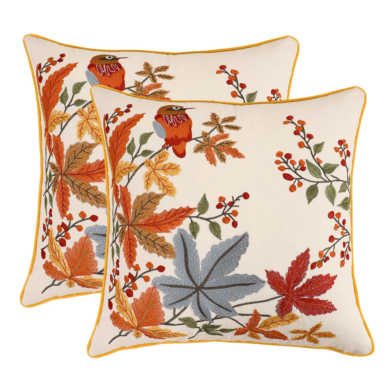 Tosleo Embroidered Throw Pillow Covers 16 x 16 Pack of 2 Vintage Birds with Maple Leaves Farmhouse Pillow