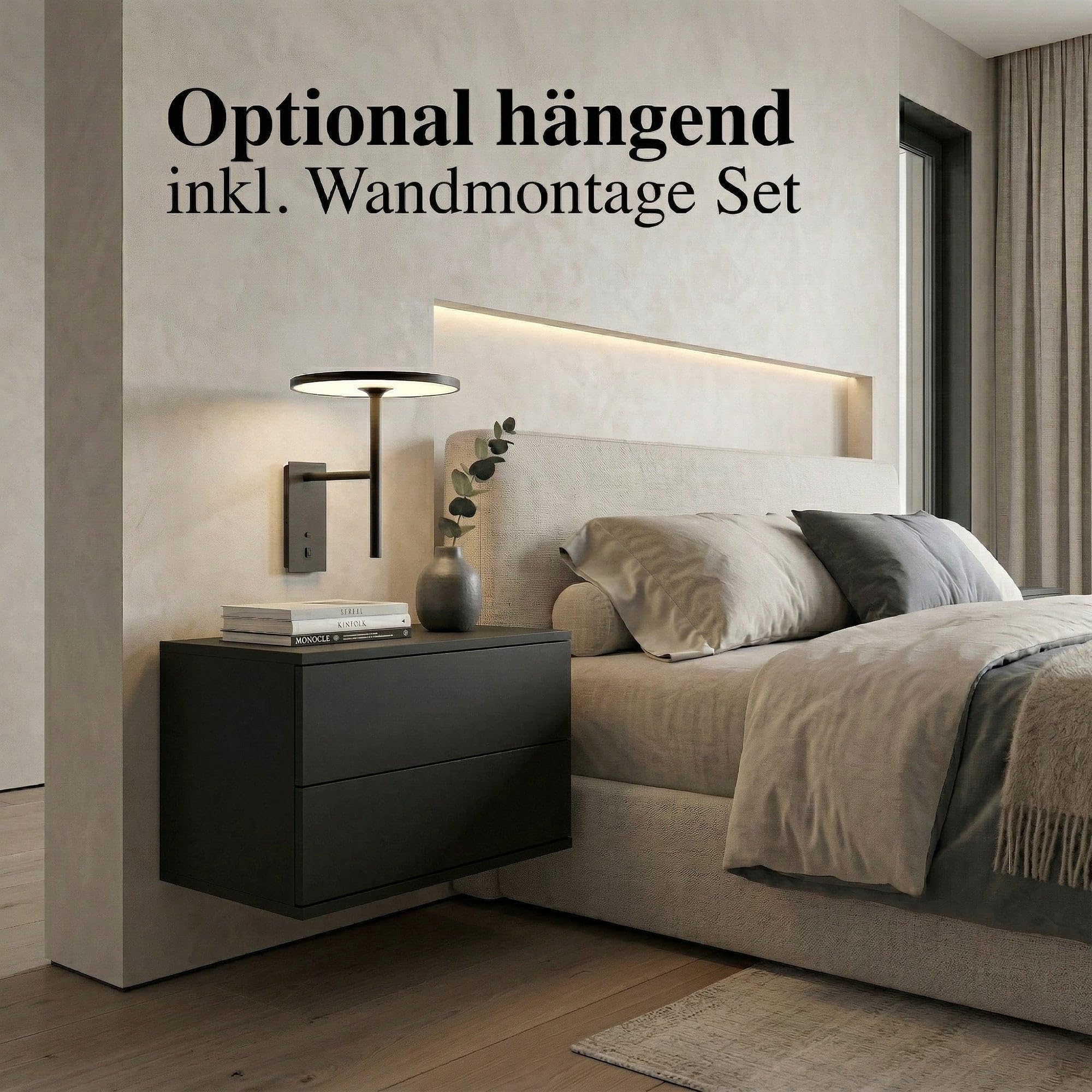 Nachtschrank Aura, Moderner Nachttisch mit Push-to-Open, Made in Germany, optional hängend Beistelltisch, Schlafzimmer, Schwarz matt (60 x 43 x 35 cm)