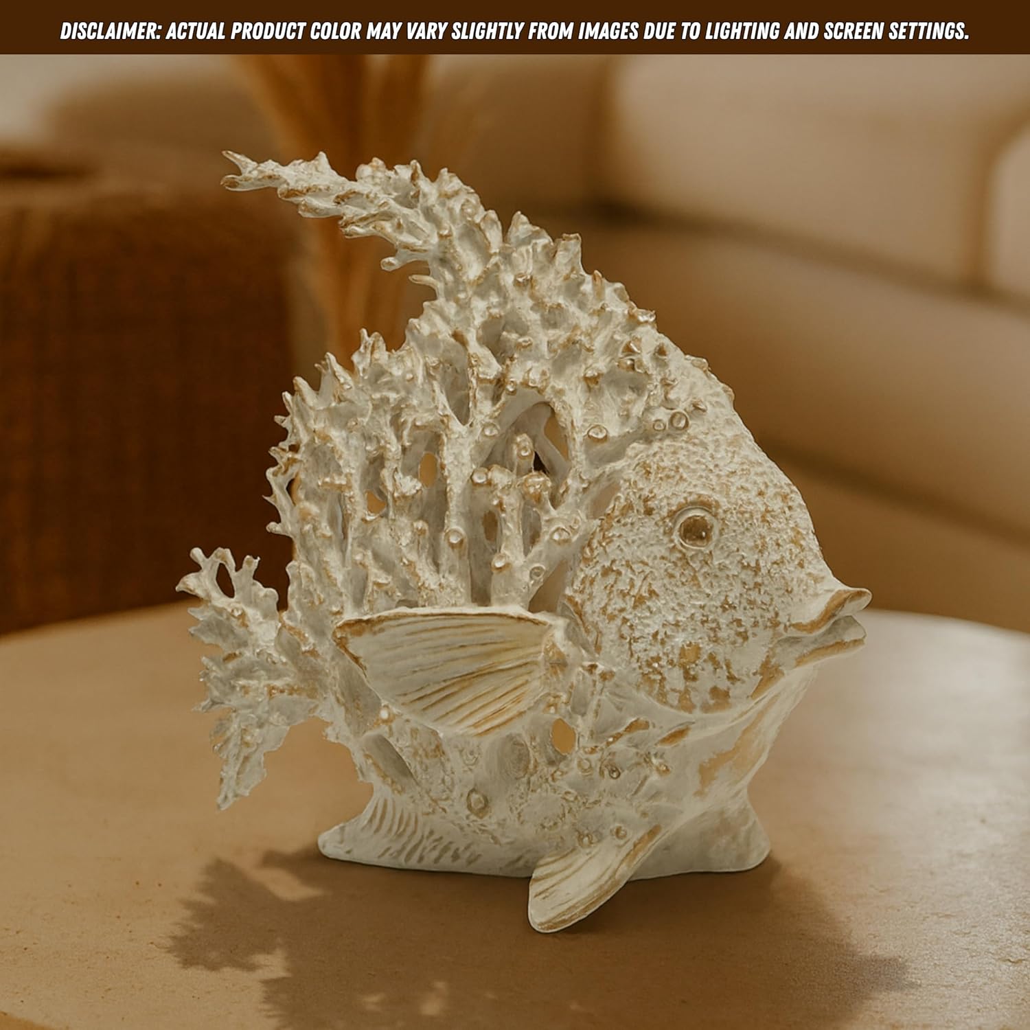 Ocean Decor White Coral Reef Angelfish Sculpture Beach Home Decor Coastal Coral Look Tabletop Collection 11 in x 10 in (Ivory White)