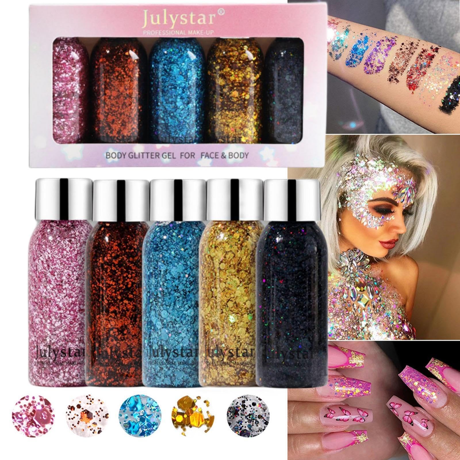 MKNZOME 5 Colores Gel de Purpurina Corporal, 30ML Gel de Purpurina Luminoso, Chunky Glitter Gel, Glitter Maquillaje para la Cara, Cabello y Cuerpo para Halloween, Festival Accesorios
