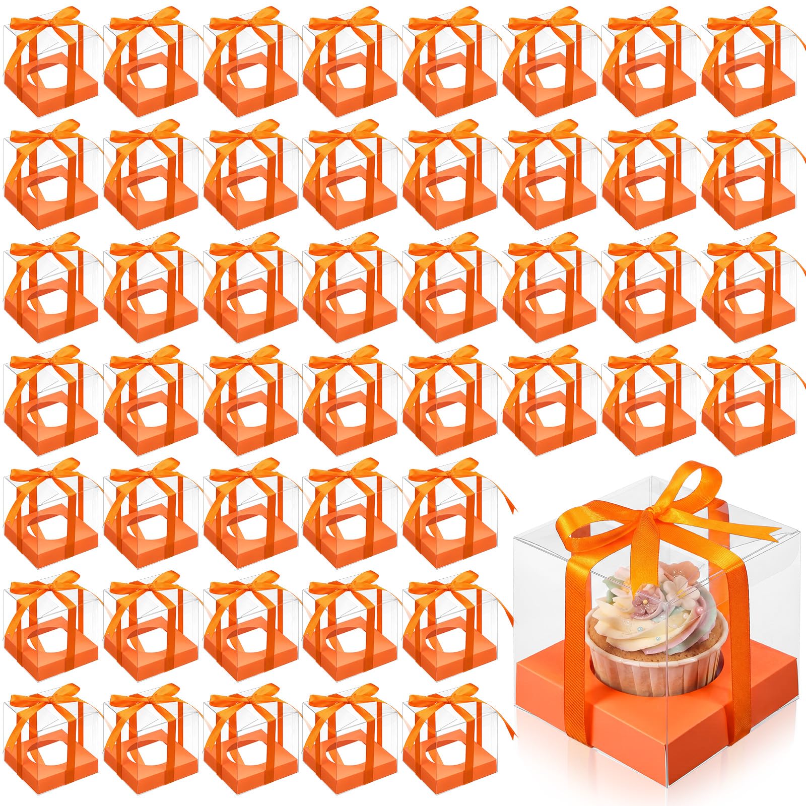Thenshop 50 Pcs Clear Cupcake Boxes Individual 3.5 Inch, Orange