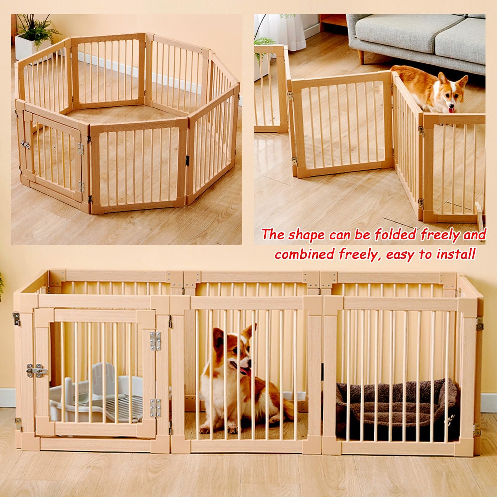 Hunde-Laufstall aus Holz, faltbar, Sicherheitszaun, 6 Paneele, freistehendes Haustiergitter, einfache Montage, Welpenkiste, Hundehütte, tragbarer Indoor-Hundezaun, 55,9 cm Höhe, Set mit 3 Paneelen