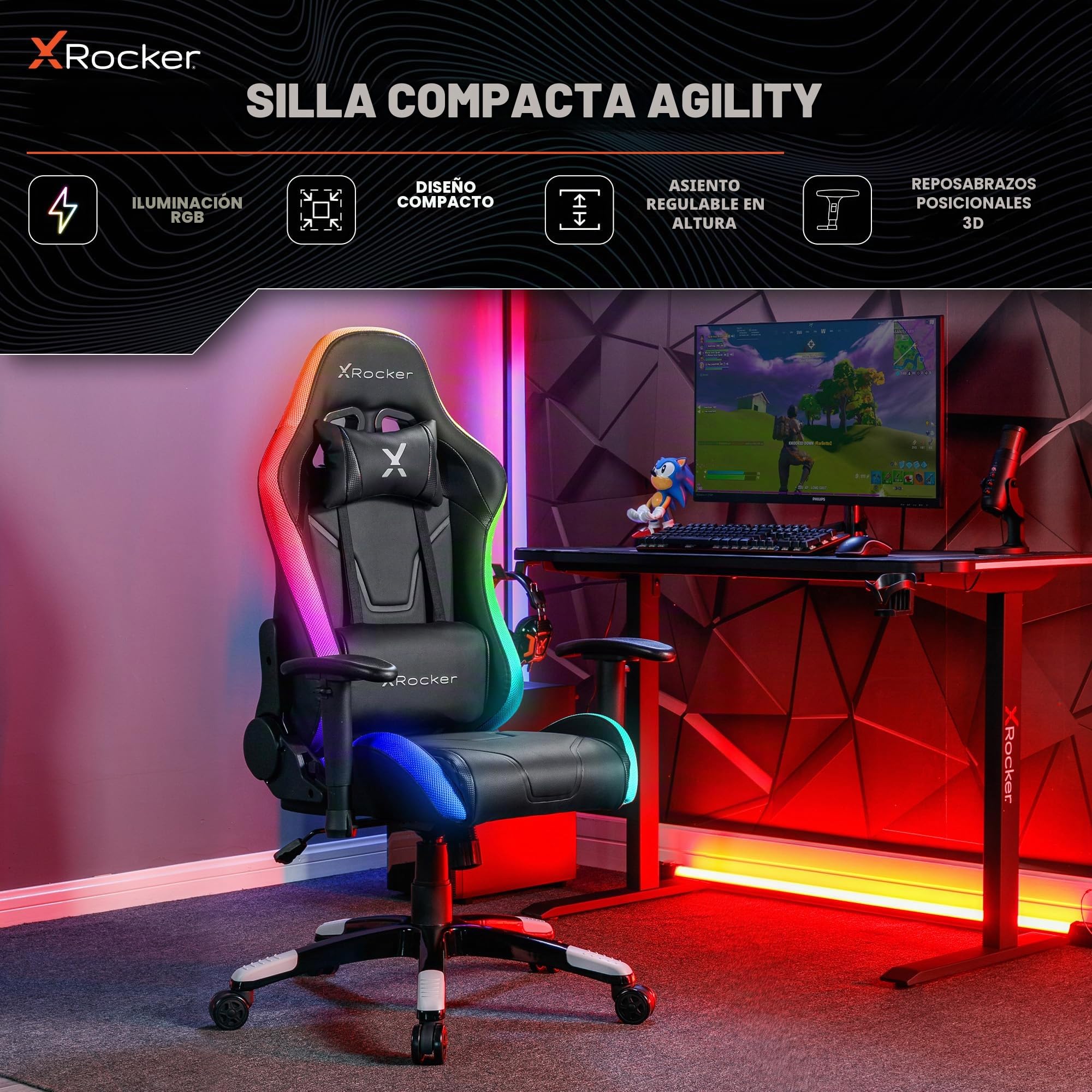 X-Rocker Agility RGB - Silla de computadora de carreras con luces para niños y jóvenes, silla de oficina giratoria ergonómica con respaldo alto, reposacabezas y cojín de apoyo lumbar, altura ajustable