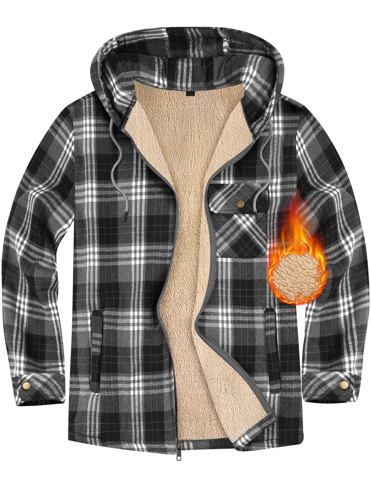 Xnova Camicia Flanella Uomo Manica Lunga a Quadri, Casual Zip Felpa Giacca con Cappuccio Fodera in Pile, Caldo Cappotto Camicia Imbottita Hoodies Sweatshirt con Tasche Invernale in Autunno