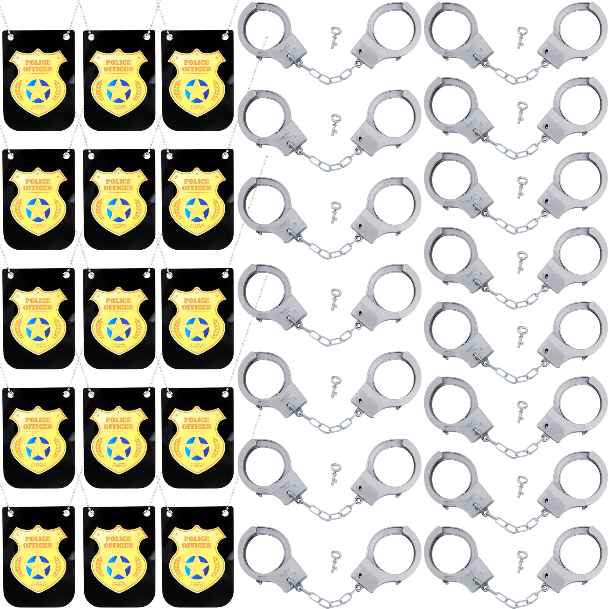 Flotory 15 Sets Kids Police Pretend Play Toy Set Include 15 Pcs Police Badge Necklace 15 Pcs Toy Handcuffs Role Play Accessory for Cop Costume Dress up Party Favor Supplies