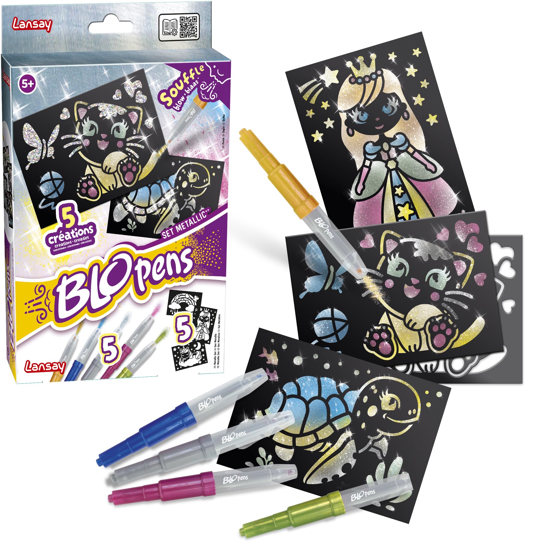 Lansay | BLOPENS SET METALLIC | Kit Créatif Enfants avec 5 Feutres Souffleurs Métalliques + Pochoirs Réutilisables + Feuilles Noires | Effet Aérographe Magique | Dessin Brillant 5 Ans et +