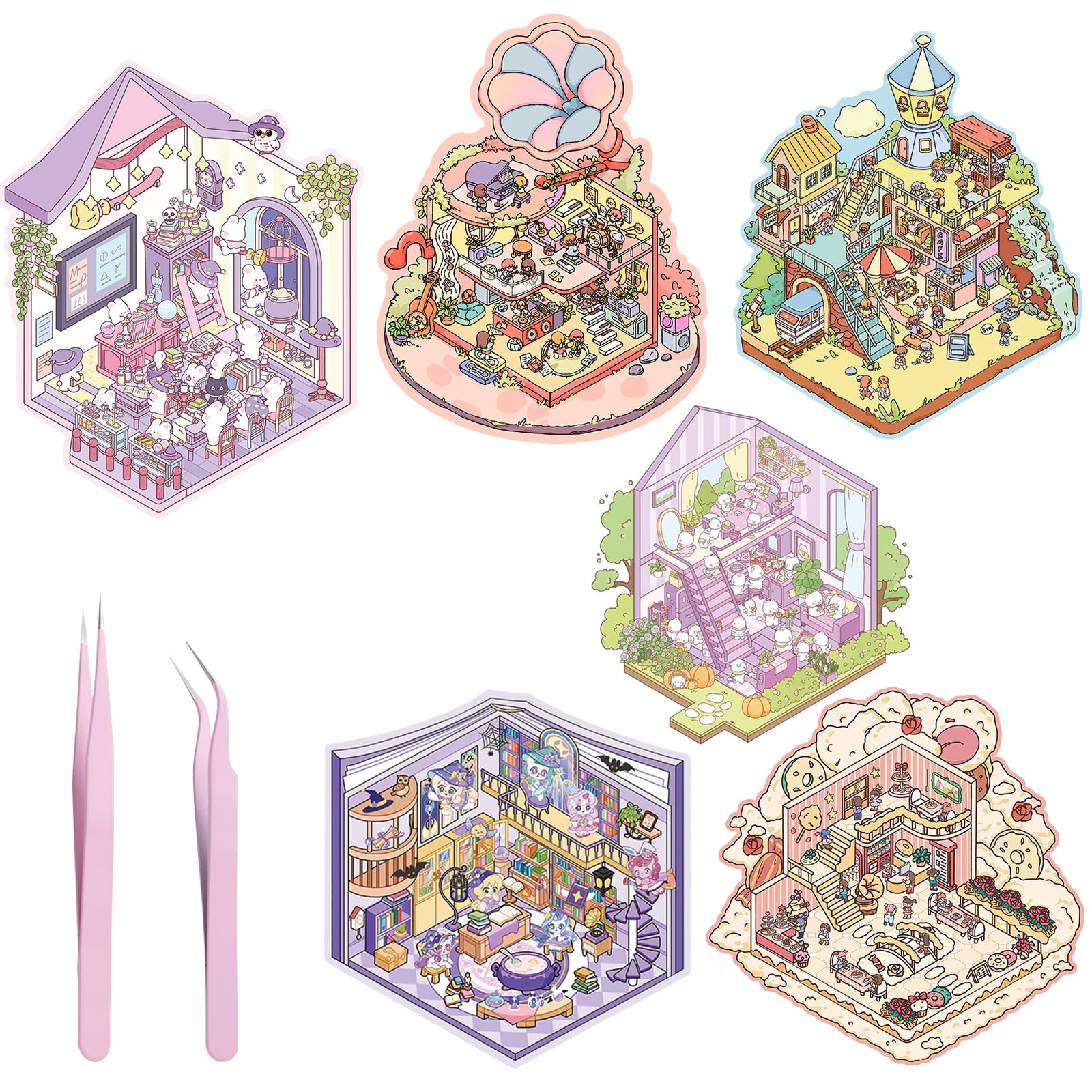 SALUOKE DIY 3D House Stickers, 6 Set Fun Scene Make Your Own Warm Home, Magie Classroom, Ramophone of Music, Cat Apartment, Cute 3D Cartoon for Adult