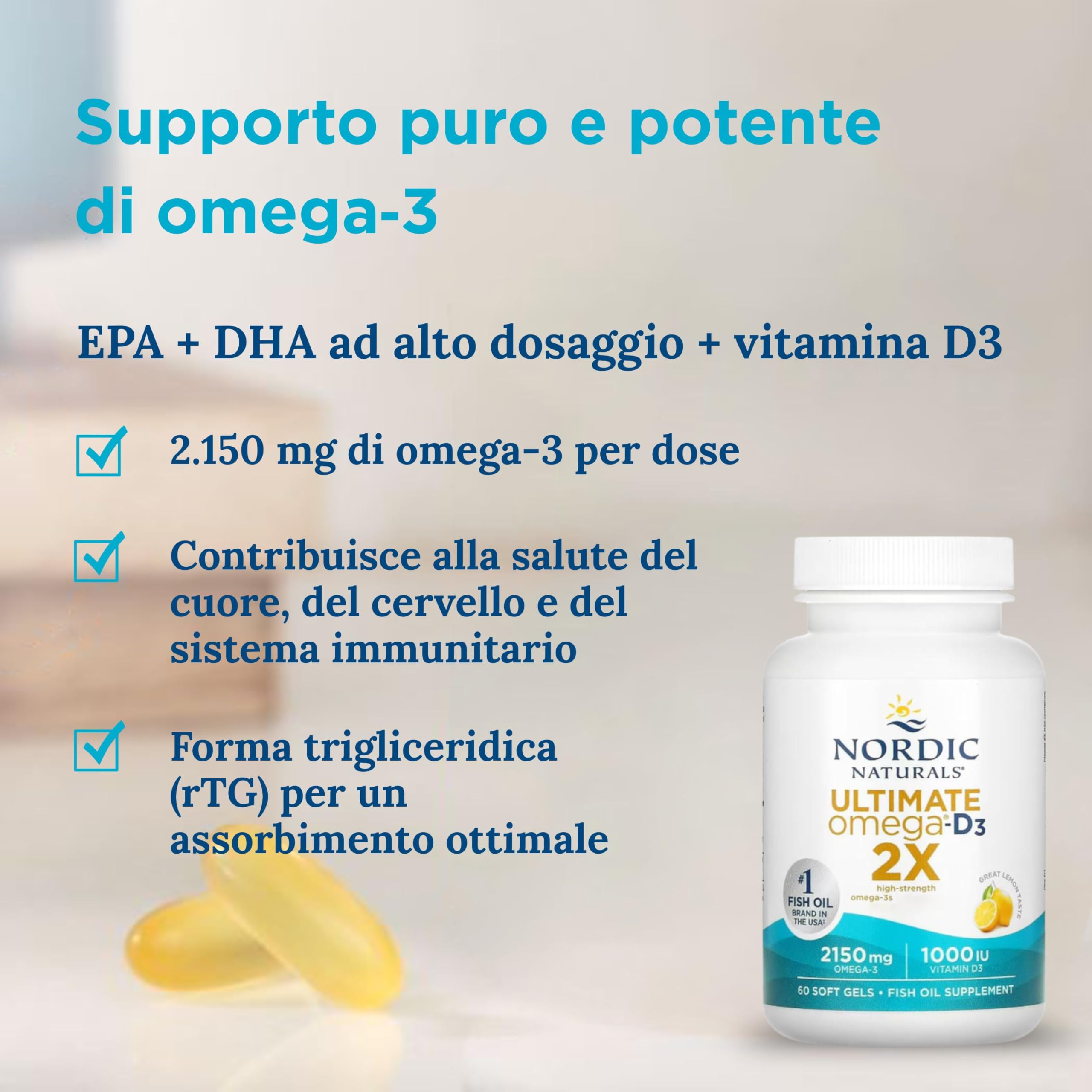 Nordic Naturals Ultimate Omega 2X, 2840 Omega-3, Olio di pesce con EPA, DHA e vitamina D2, Gusto limone, 119 ml, Testato in Laboratorio, Senza Soia, Senza Glutine, Non OGM