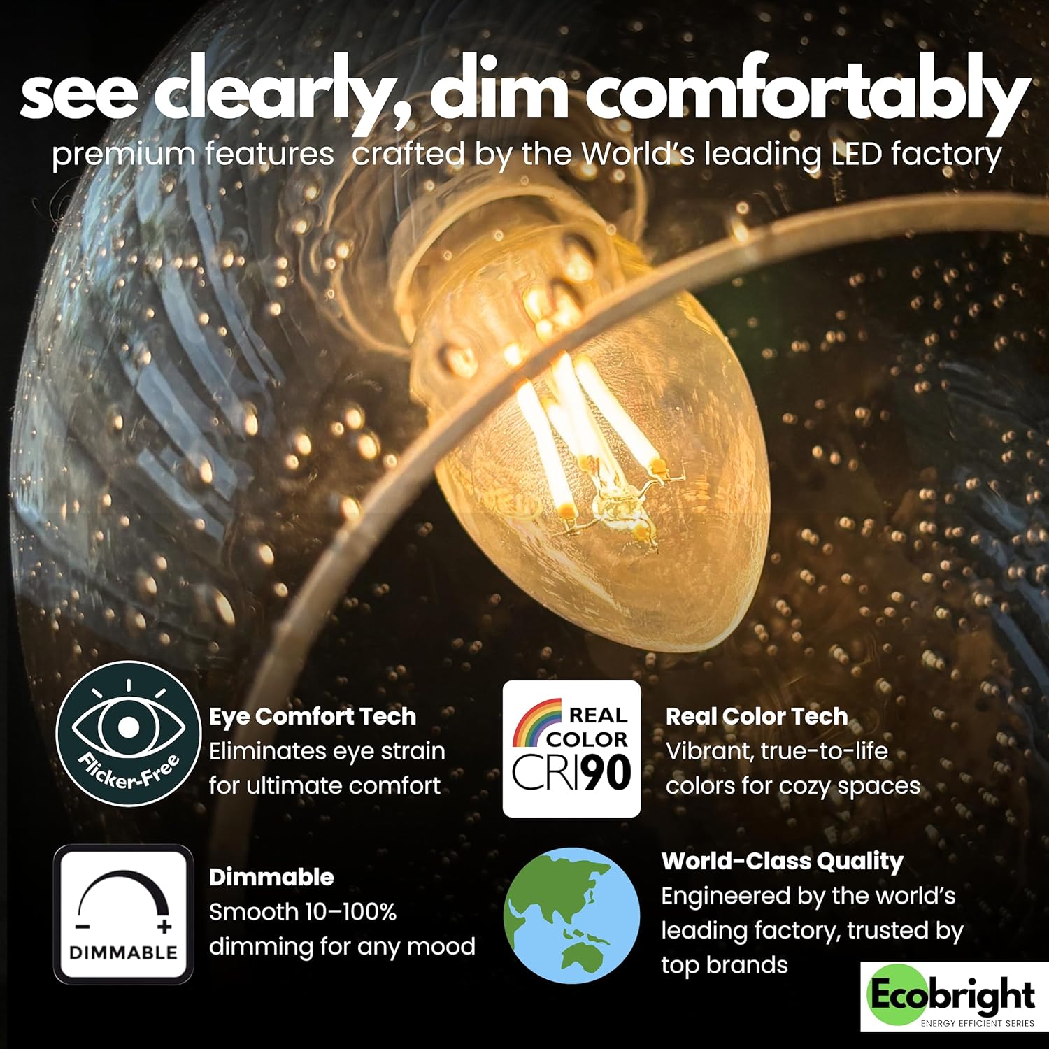 EcoBright Dimmable LED Candelabra Light Bulbs, B11 Chandelier Bulbs 60W Equivalent E12 Base, 2700K Warm White, CRI90, High Color Accuracy, Flicker Free, ETL and FCC Certified 4 Pack