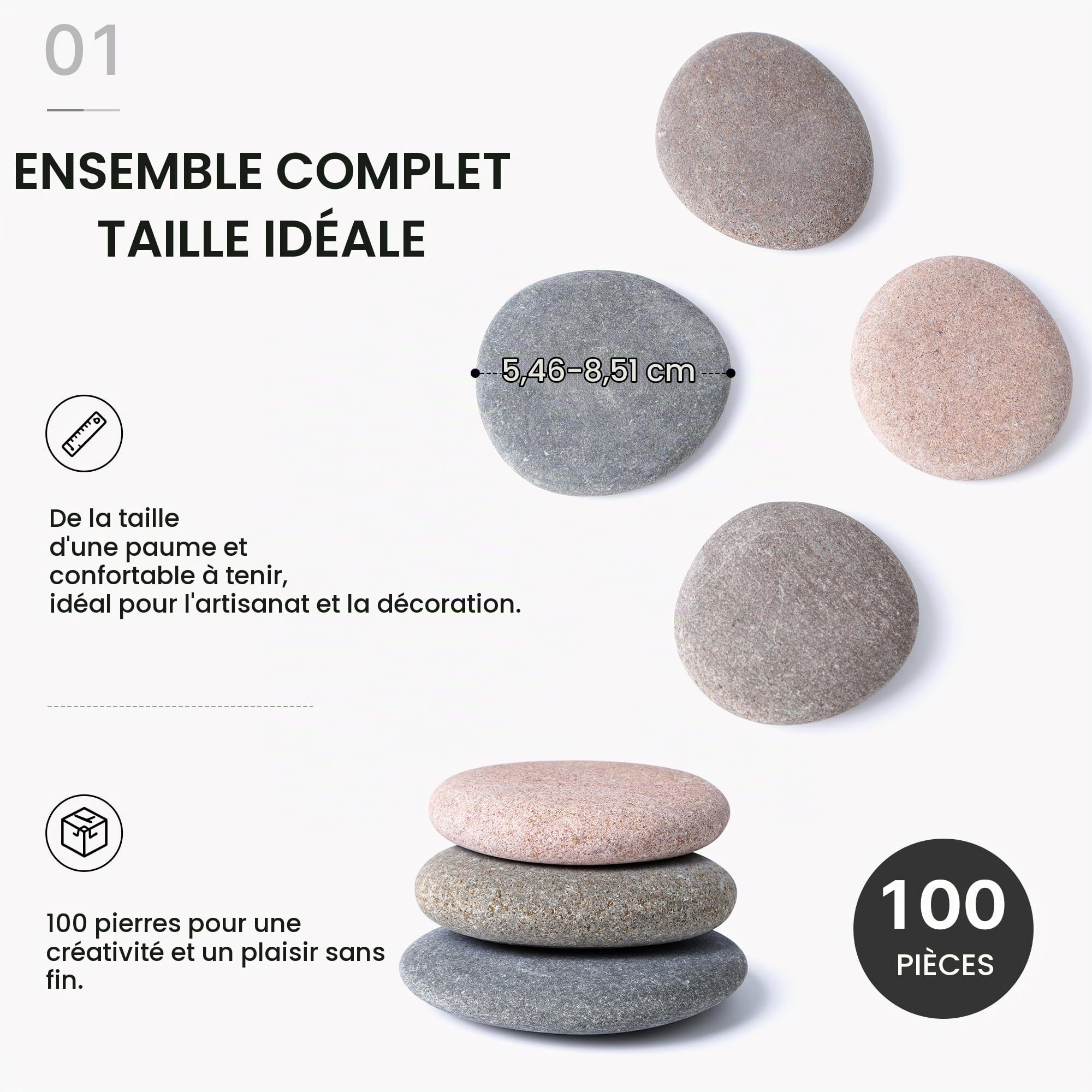 ROCART Lot de 100 Pierres de Rivière Naturelles Lisses 5,5-8,5 cm pour Peinture, Galets Plats pour Loisirs Créatifs, Galets de Gentillesse, École, Jardin et Projets DIY