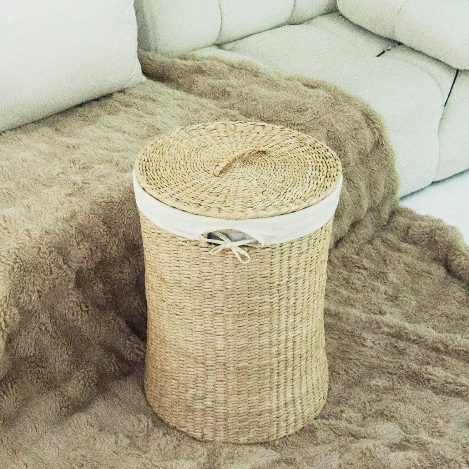 Hand-Woven Wicker Laundry Basket with Lid, 20 Gal (75 L) Large Laundry Hamper with Removable Liner for Laundry Room and Home Decor, Artisan Natural (21"H x 15.7"D)