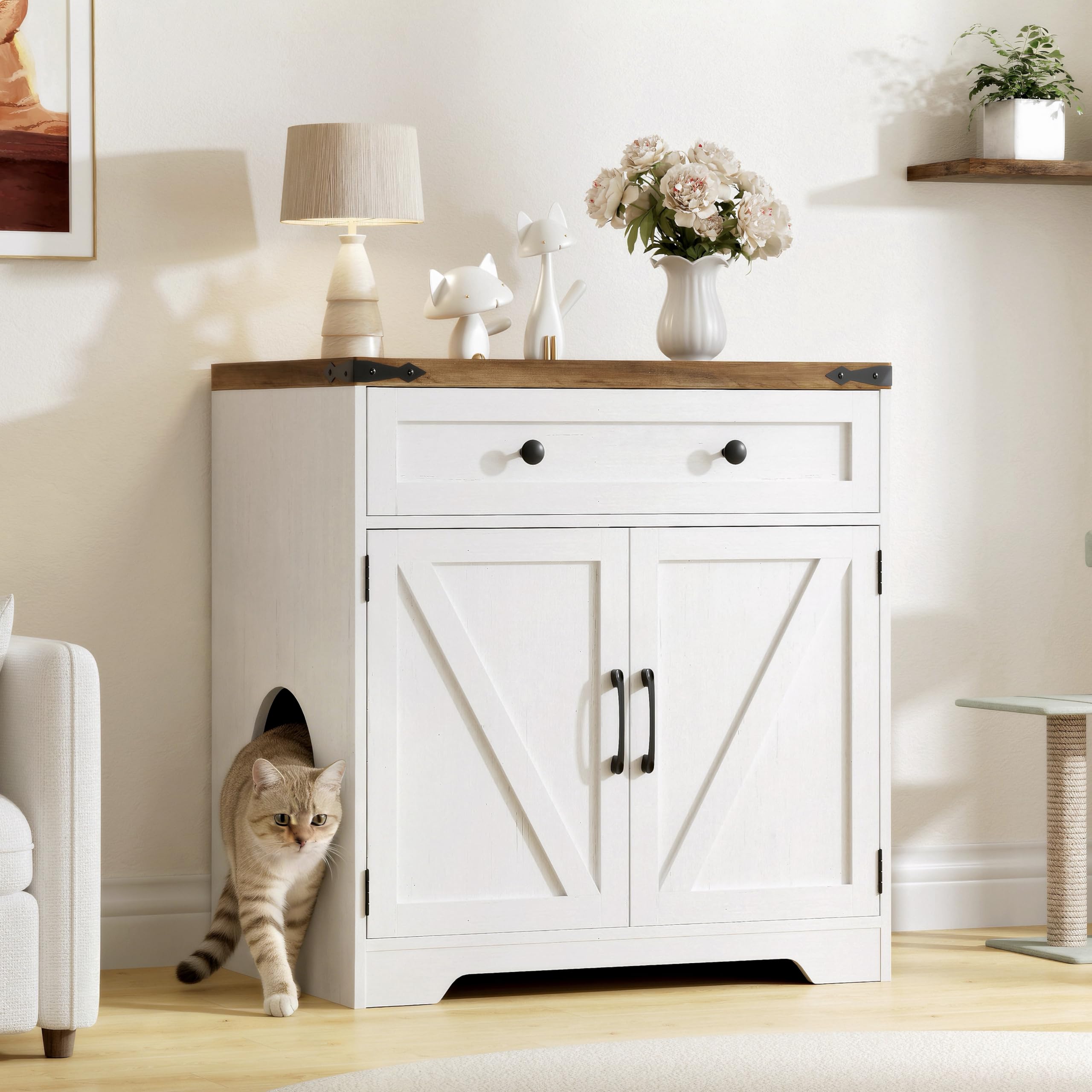Cat Litter Box Enclosure, 31.5" Hidden Litter Box Furniture with Storage Drawer, Barn Door, Farmhouse Wooden Cat Box Enclosure, Litter Box Cabinet, Side Table, Antique White & Brown