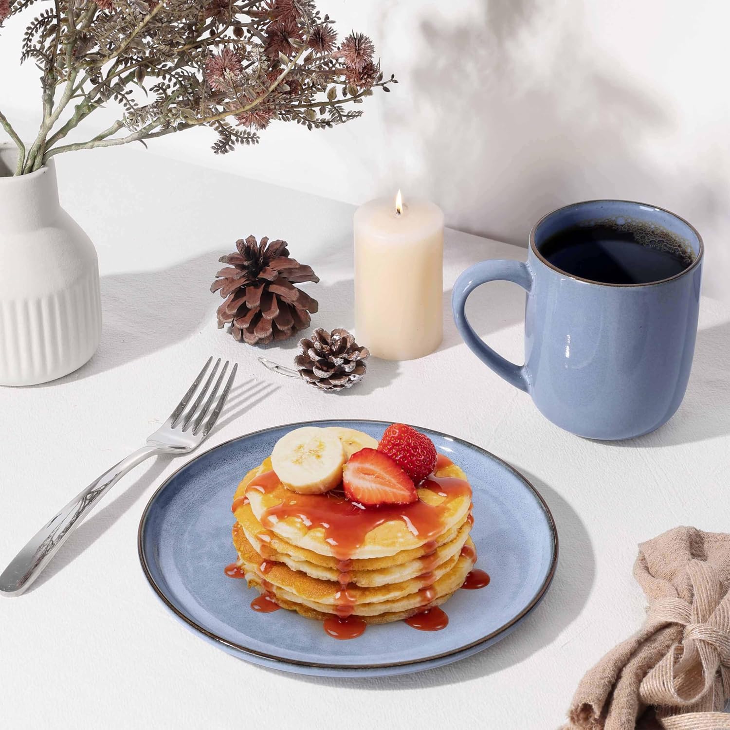 Herogo 4-Piece Stoneware Dinner Plates Set, 7.9" Ceramic Round Dessert Plate Set, Small Handmade Double Reactive Glaze Dinnerware Plates for Kitchen, Microwave, Oven and Dishwasher Safe, Haze Blue