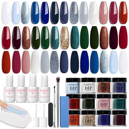 AZUREBEAUTY Kit de 31 piezas de polvo de inmersión para uñas, otoño e invierno, rojo, verde, purpurina azul oscuro, 20 colores, polvo de inmersión