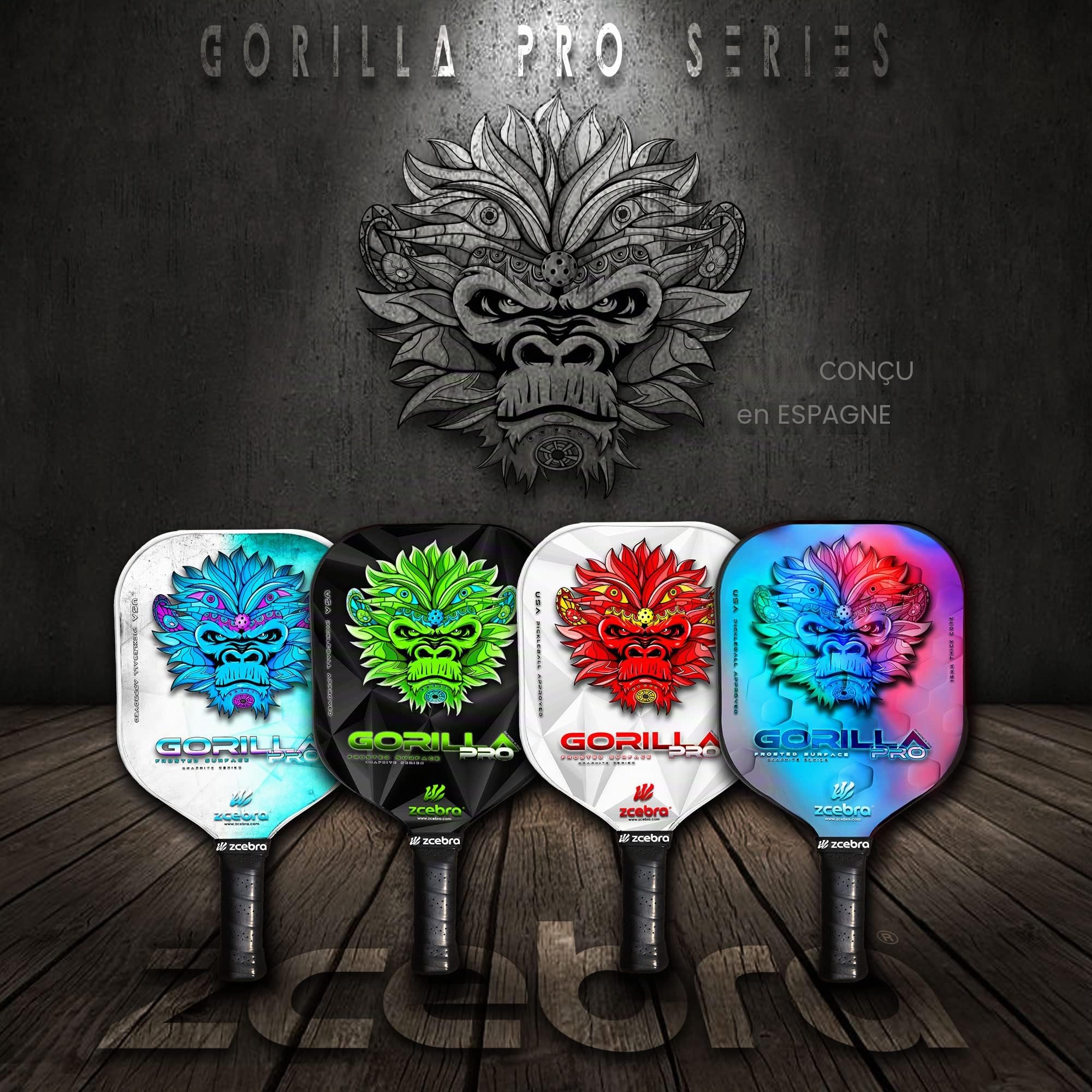 Pickleball Paddle Graphite - Raquette en Fibre de Carbone Noyau de 16 mm de Panneau d'abeille polypropylène Texture Frosted Rugosa - Set Housse néoprène - Gorilla Pro Rainbow