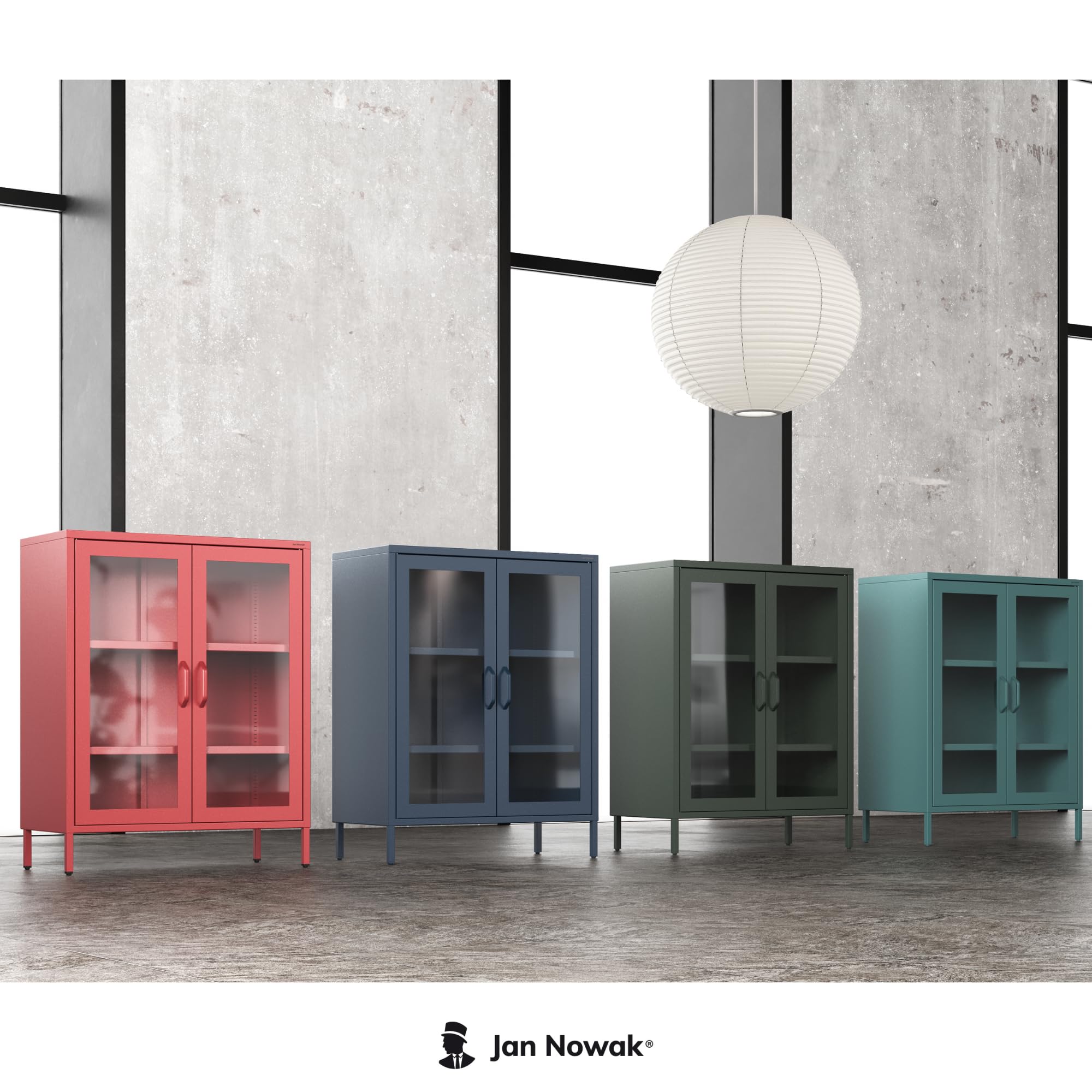 Jan Nowak Vetrina Soggiorno in Metallo 2 Ante - GINA | 2 Ripiani Regolabili, Vetro Temperato | Vetrina Espositiva Scintillante, Libreria con Ante in Vetro | 80 x 101,5 x 40 cm | Azzurro