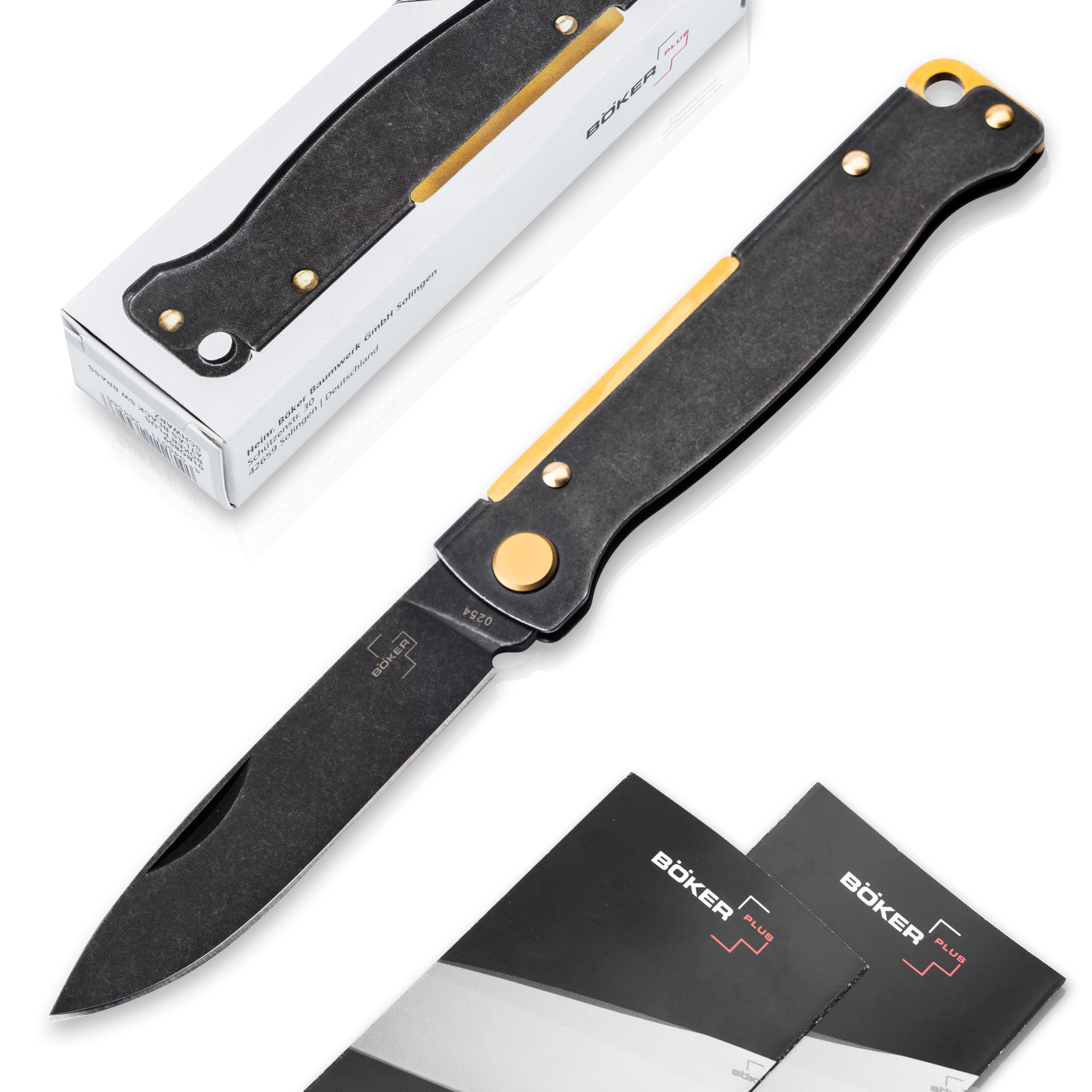 BÖKER PLUS® Atlas Black Stonewash Brass - black EDC pocket knife with clip extra flat - slipjoint two-hand folding knife - full metal knife with 12C27 Sandvik Droppoint blade