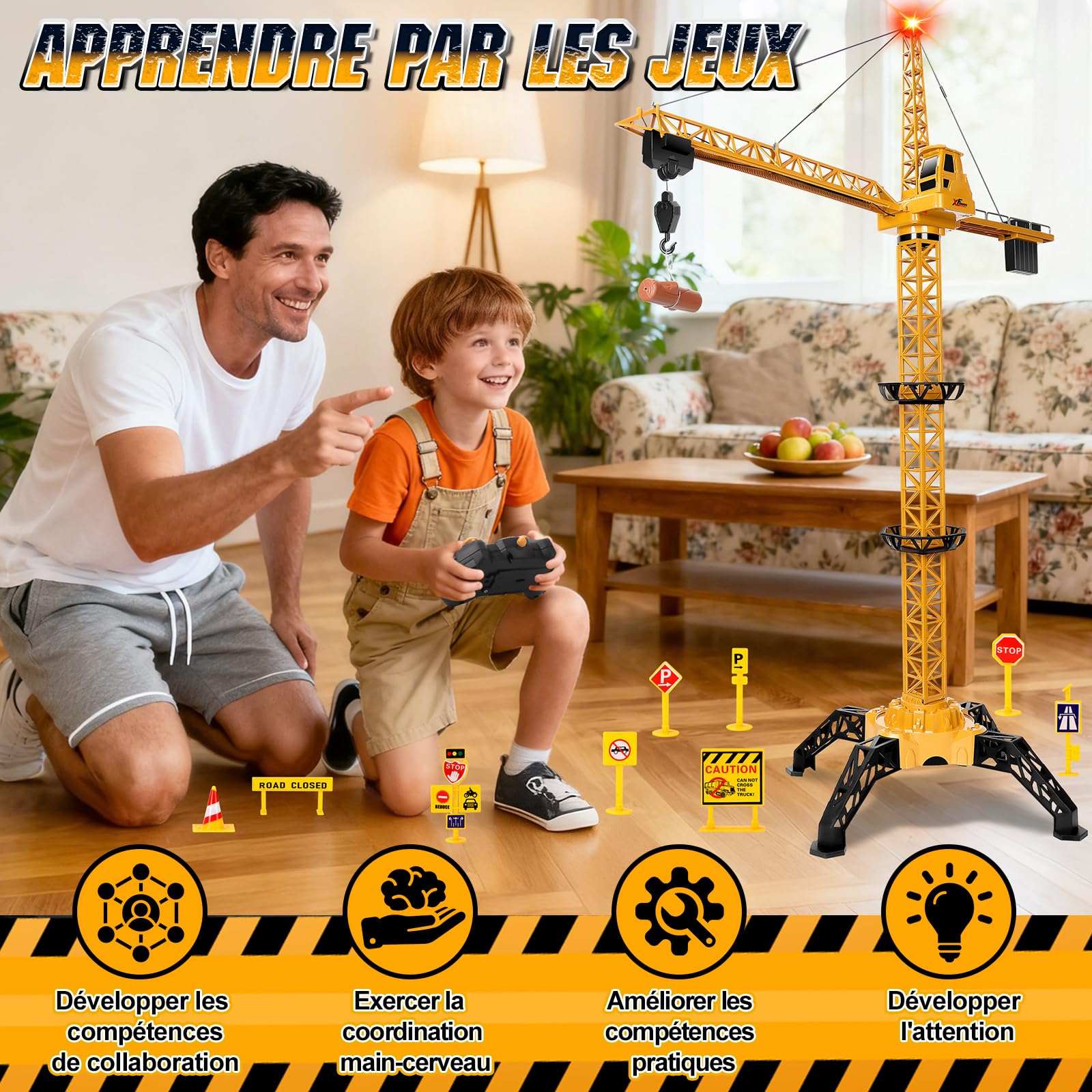 Herenear Grue Telecommandée, Hauteur 140 CM RC Grue à Tour Géante, 360 Degrés De Rotation Gru Crane De Chantier Enfant avec Lumières pour Enfants Garçon 8+