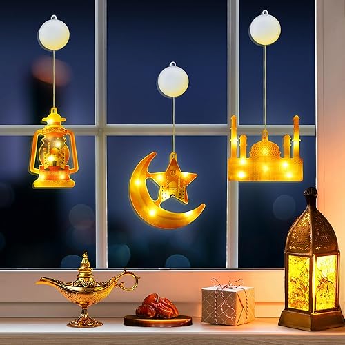 Miniatura 2 de Timer 3 PCS Ramadan Window Lights, Eid Mubarak Decorations Castle Lantern Moon Star Lights with Suction Cup, Battery Operated Ramadan Lights Eid