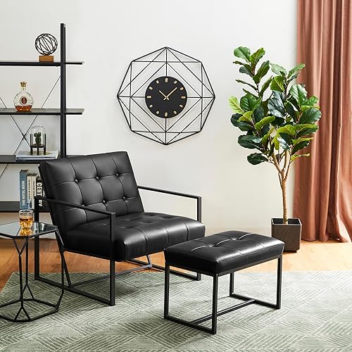 Miniatura 7 de glitzhome Banco otomano, sillas modernas de piel sintética con marco de metal, taburete de maquillaje, taburete acolchado para sala de estar,