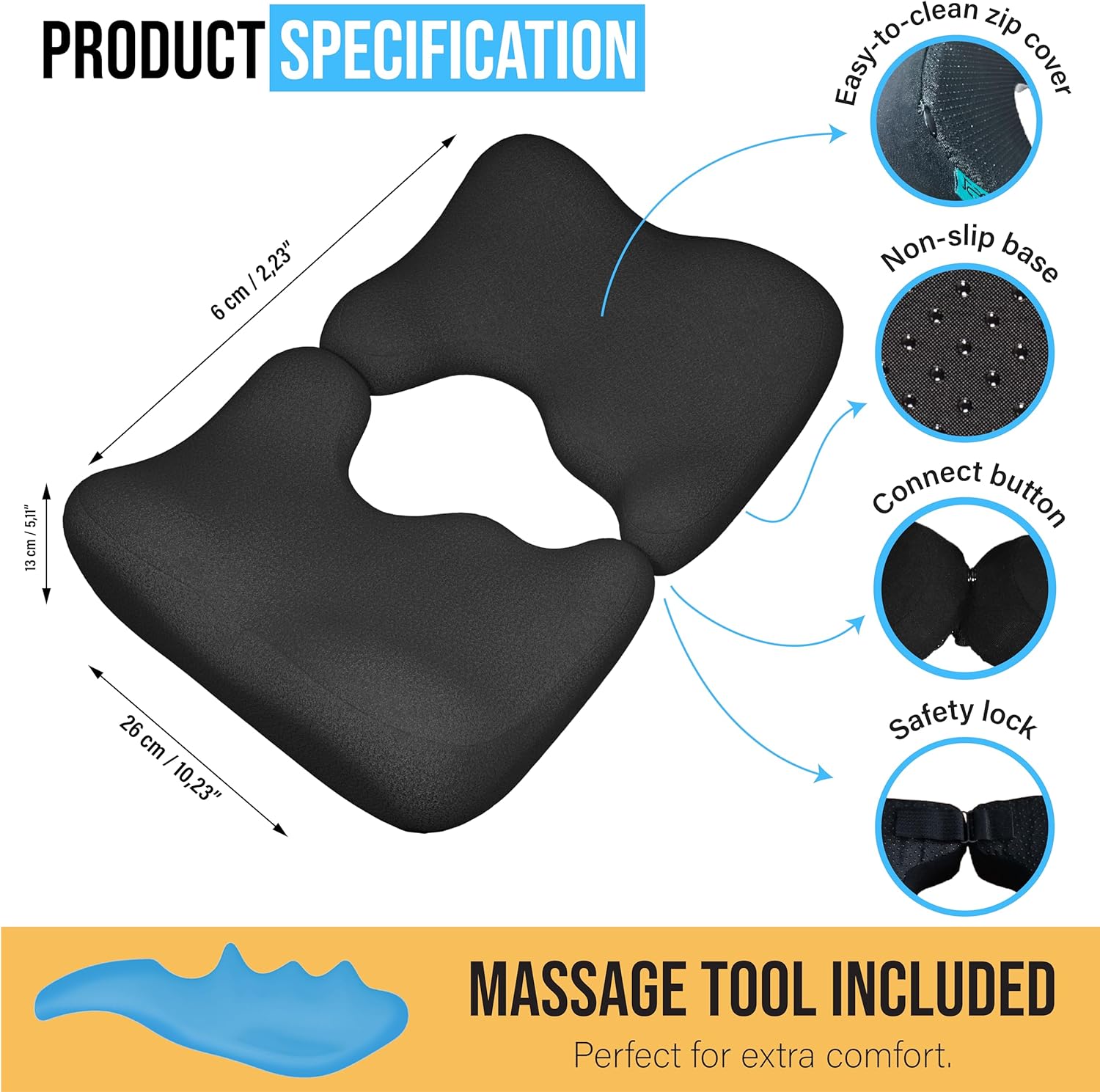 Memory Foam Bed Sore Cushion with T-Shaped Cutout – Pressure Relief Pillow for Tailbone, Coccyx & Butt | Dual-Piece Design with Massage Tool & Washable Cover for Sitting or Lying (Black)