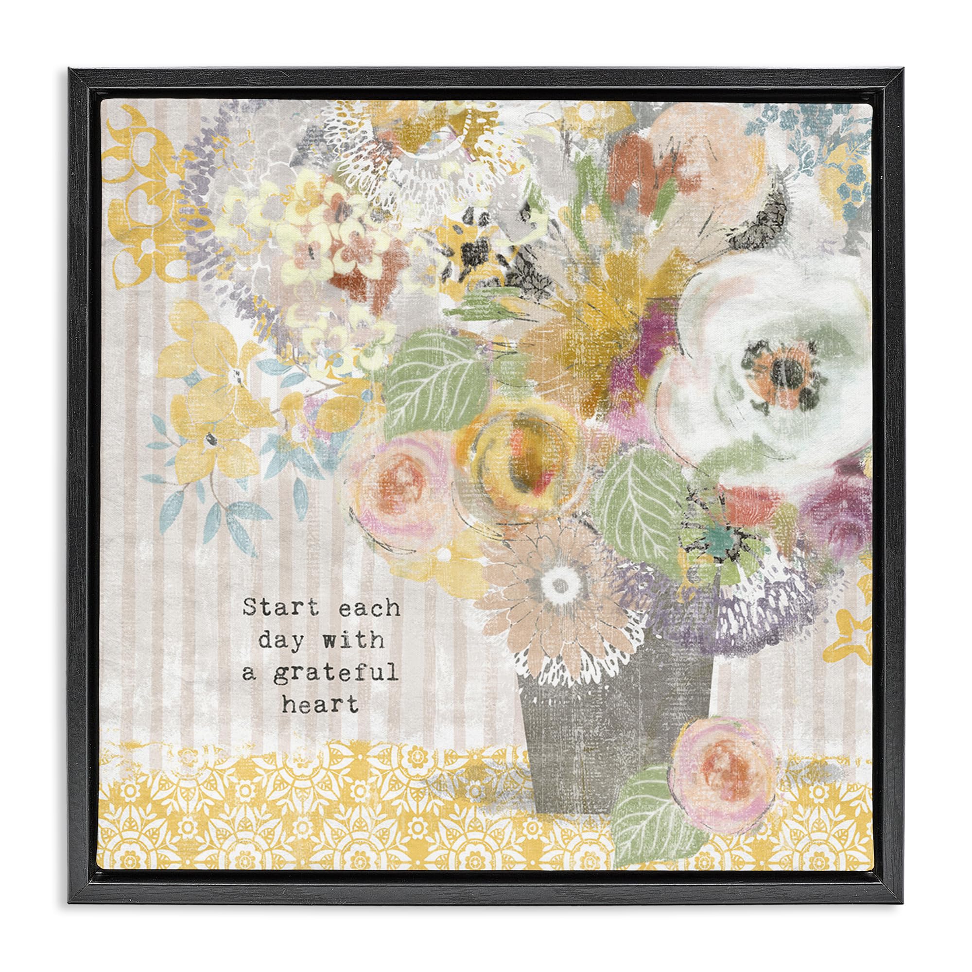 Stupell Industries 'Floral Inspirations Grateful Heart', Floating Frame Canvas Art, Black, 18 x 18 Inches, Easy to Hang and Sturdy, Made in USA, by Suzanne Nicoll