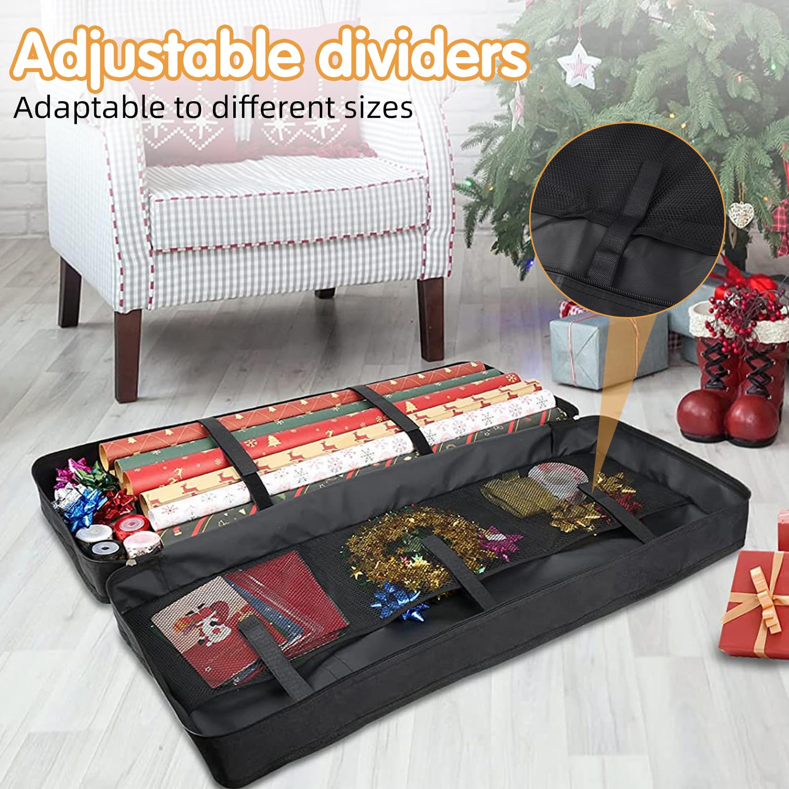 CHRI Organizer Per Carta Regalo, 82x12x34 Cm, In Tessuto Oxford 600D Antistrappo, Con Tasche A Rete, Nero