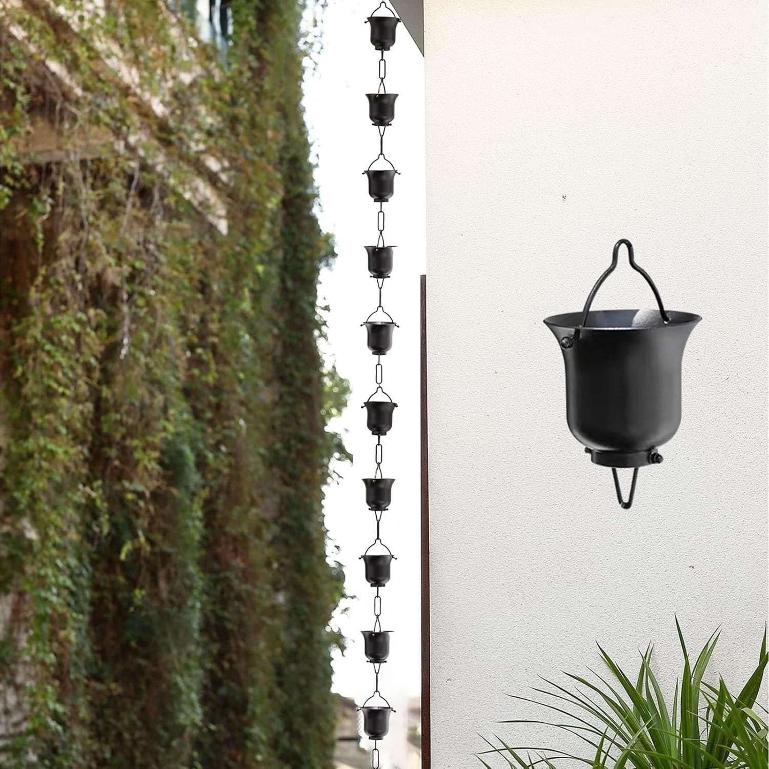 Vintage Japanese Rain Chains, Decorative Black Rain Downspout, 4.5m Garden Pendant for Home, Patio & Temple, Stylish Rain Guide Cups, Outdoor Decor