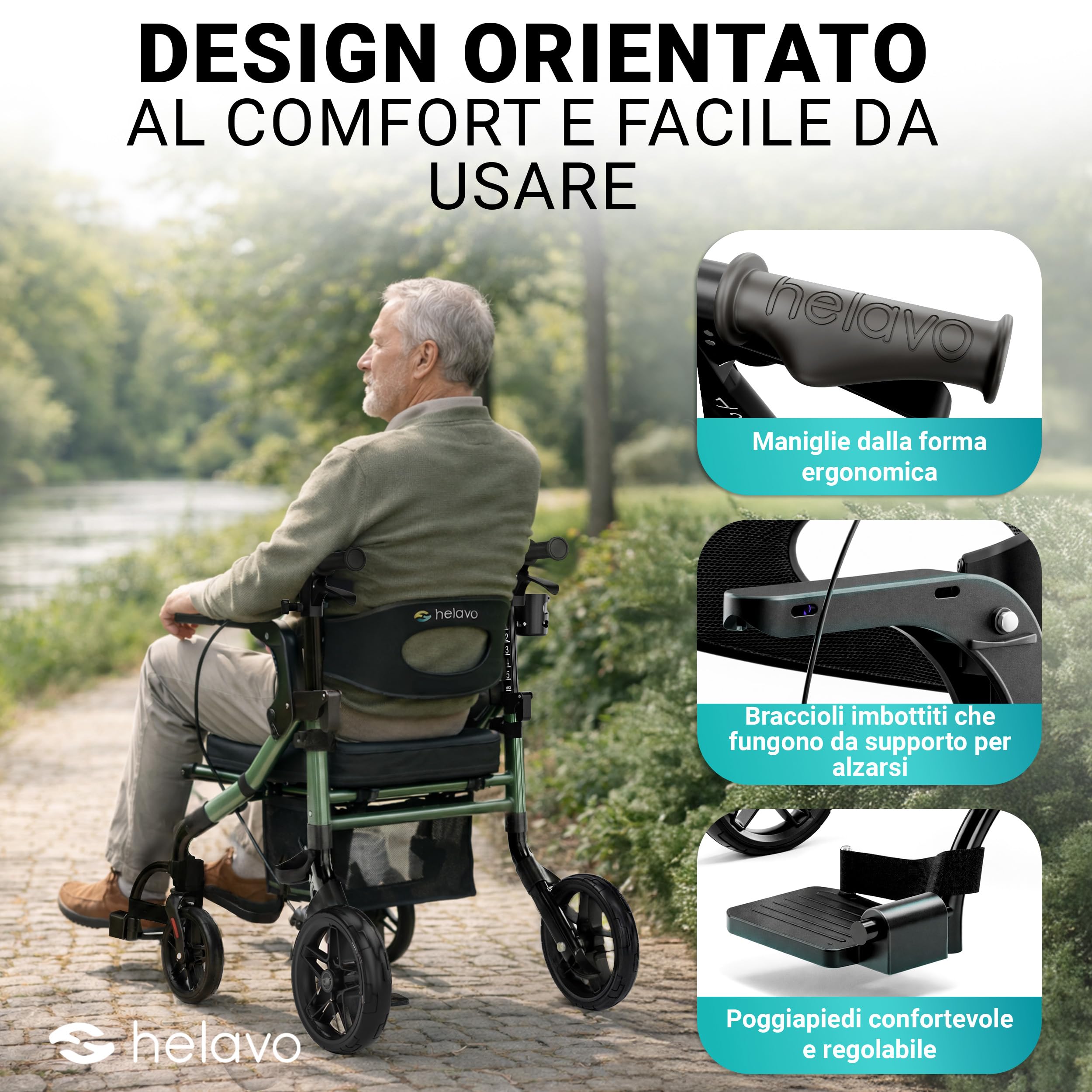 Helavo Deambulatore 2 in 1 e Sedia a Rotelle con Ruote All-Terrain – Deambulatore Sedia a Rotelle Pieghevole e Leggero, Regolabile in Altezza, Portata fino a 136 kg