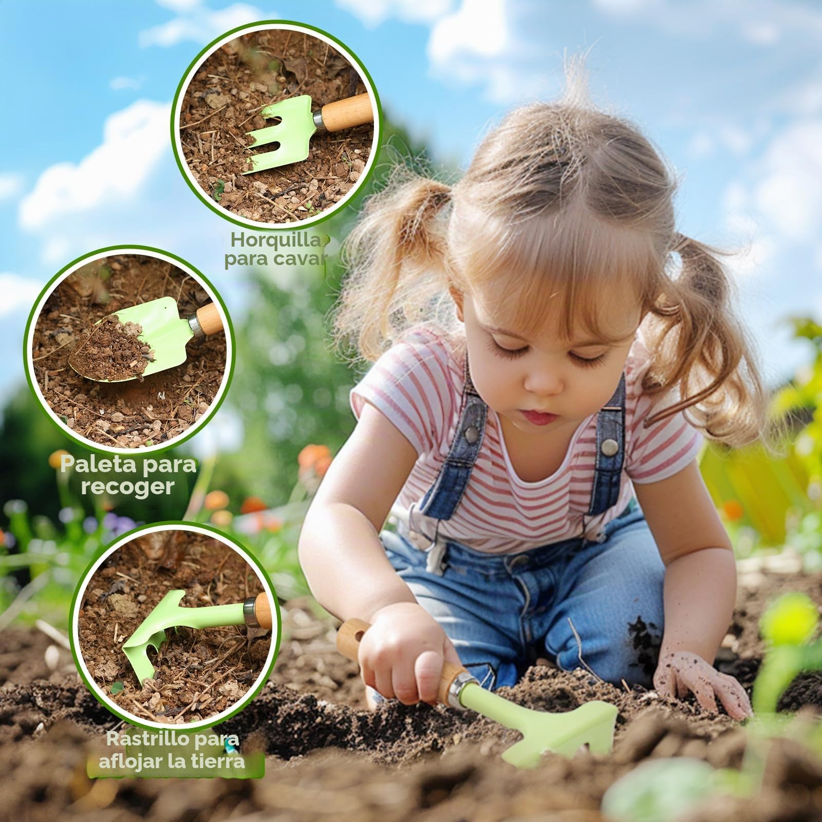 Juego de Jardín para Niños 2 Años con Herramientas Jardinería Kit, Regadera, Pala, Rastrillo, Guantes, Delantal, Pegatinas DIY