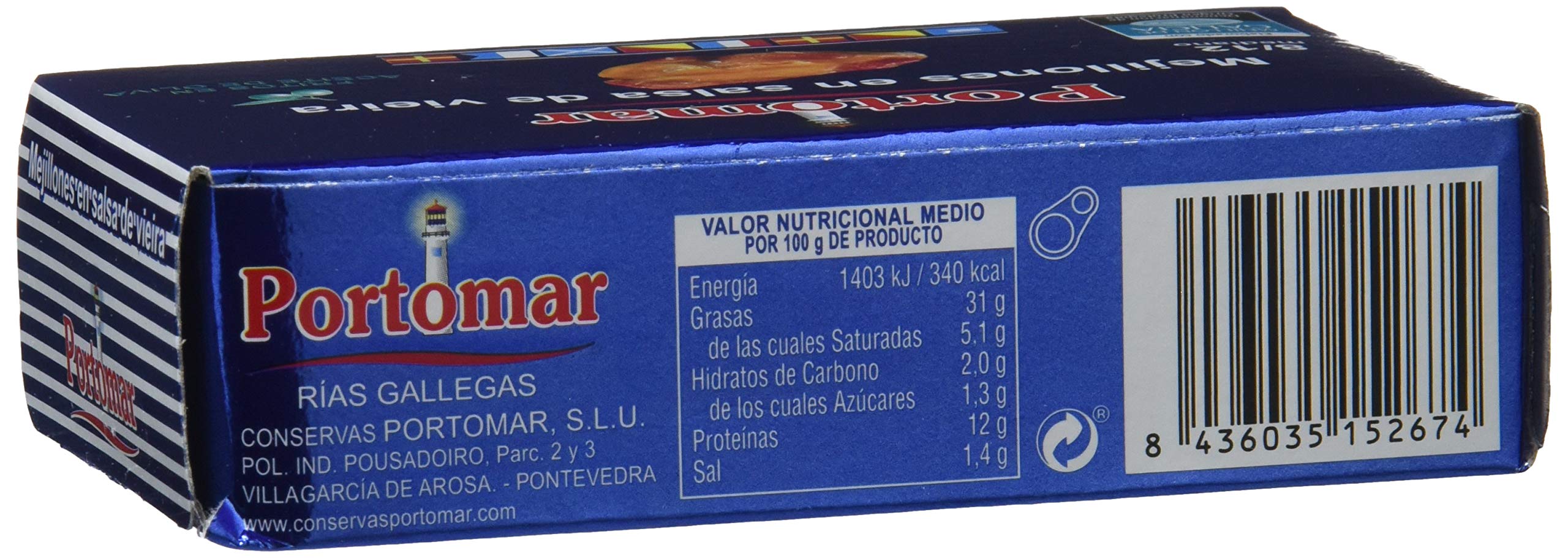Mejillones de las Rías Gallegas en salsa de vieira -8-12 pzs/lata-Portomar-Pack 8 x 111gr-total= 888gr.