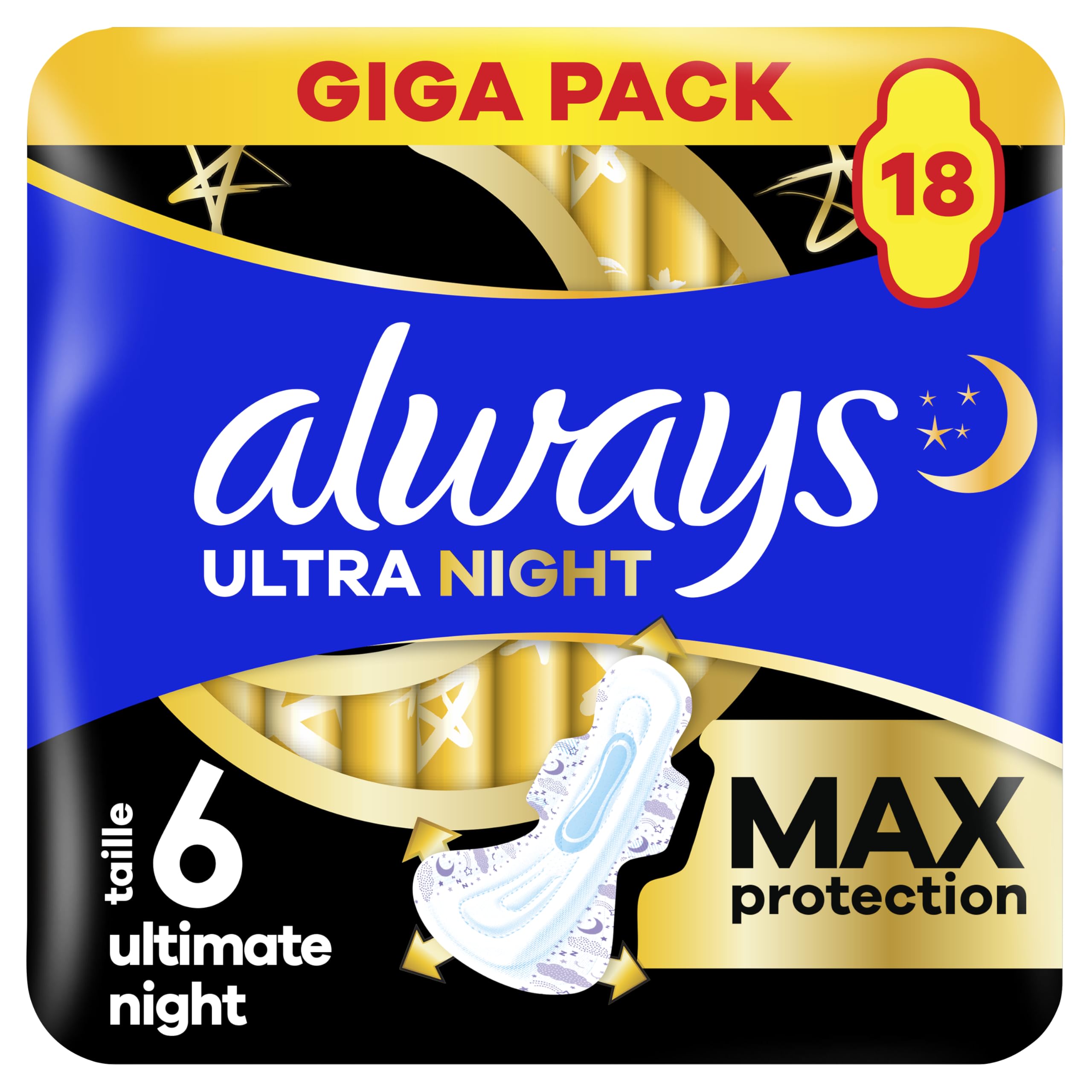 Always Podpaski higieniczne Ultimate Night (rozmiar 6) ze skrzydłami, 18 sztuk, super chłonne, na okres