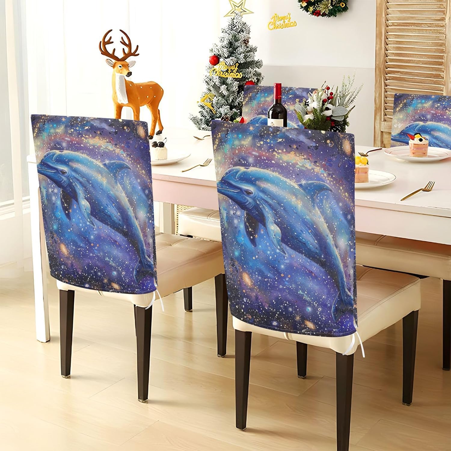 ALAZA Dolphin in The Galaxy Chair Back Cover Set of 6, Washable Reusable Removable Chair Slipcovers Decorative Chair Cover for Home Kitchen Wedding Party