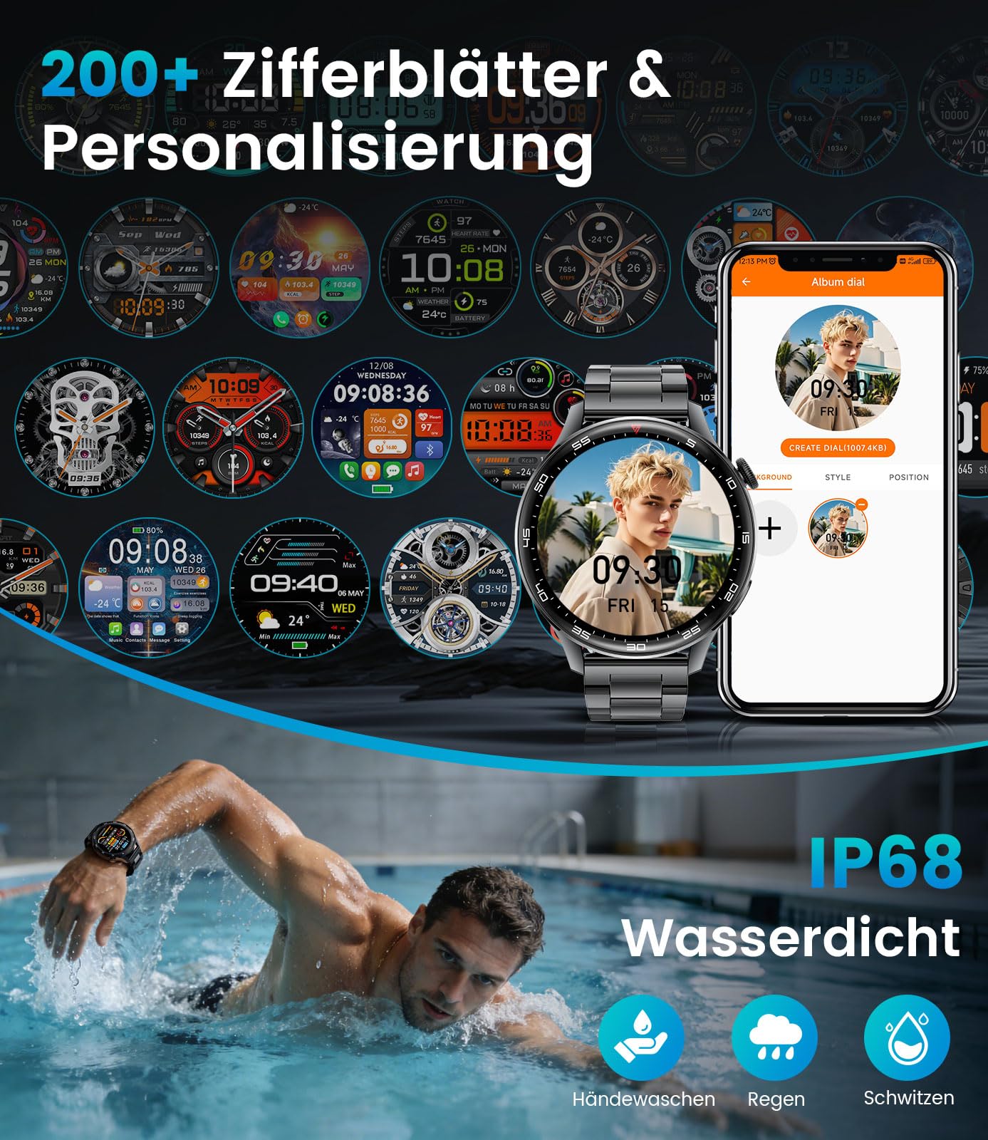 Smartwatch Herren mit Bluetooth Anrufen, 800mAh Akku 1.7" HD Bildschirm, 24/7 Herzfrequenzmessung Schlafanalyse SpO2 Messung, 110 Sportmodi IP68 Wasserdicht Kompatibel mit iOS Android Schwarz