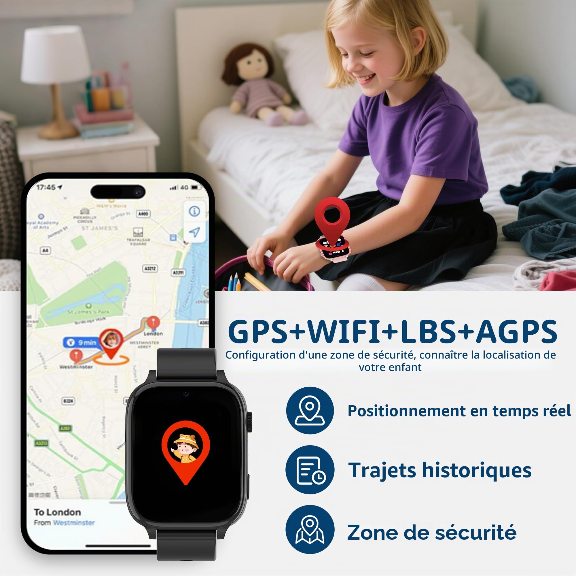 4G Montre Connectée Enfant, Montre GPS Enfant Téléphone avec Appel Vidéo SOS Réveil Appareil Caméra IP68 Mode Scolaire Jeux Chat,Smartwatch Cadeau pour Filles et Garçons (Rose)