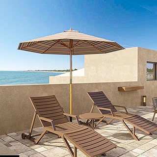 Linkriseed 9FT Patio Umbrella,Outdoor Wooden Umbrella with 8 Sturdy Ribs, UV Protection & Waterproof Table Umbrella, Market Umbrella for Garden, Deck, Yard, Pool (Color Woven Striped)