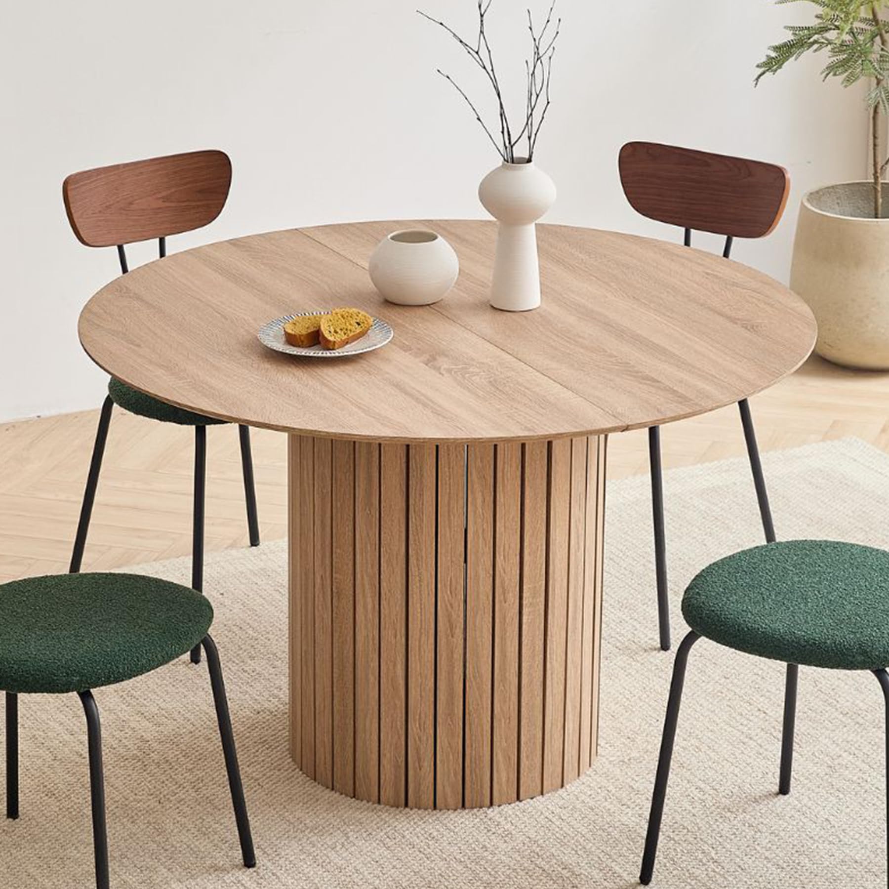 Mesa de Comedor Redonda para 4-6 Personas, Mesa de Comedor de Granja con Base de Pedestal de Listones de Madera, Mesa de Cocina en MDF (Natural, 120 * 120 * 76cm)