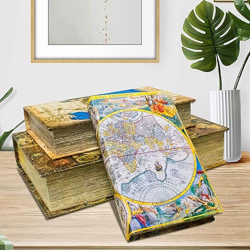Miniatura 4 de Juego de 3 cajas decorativas para libros, cajas de almacenamiento de recuerdos falsos con patrón de mapa del mundo antiguo, regalo de graduación