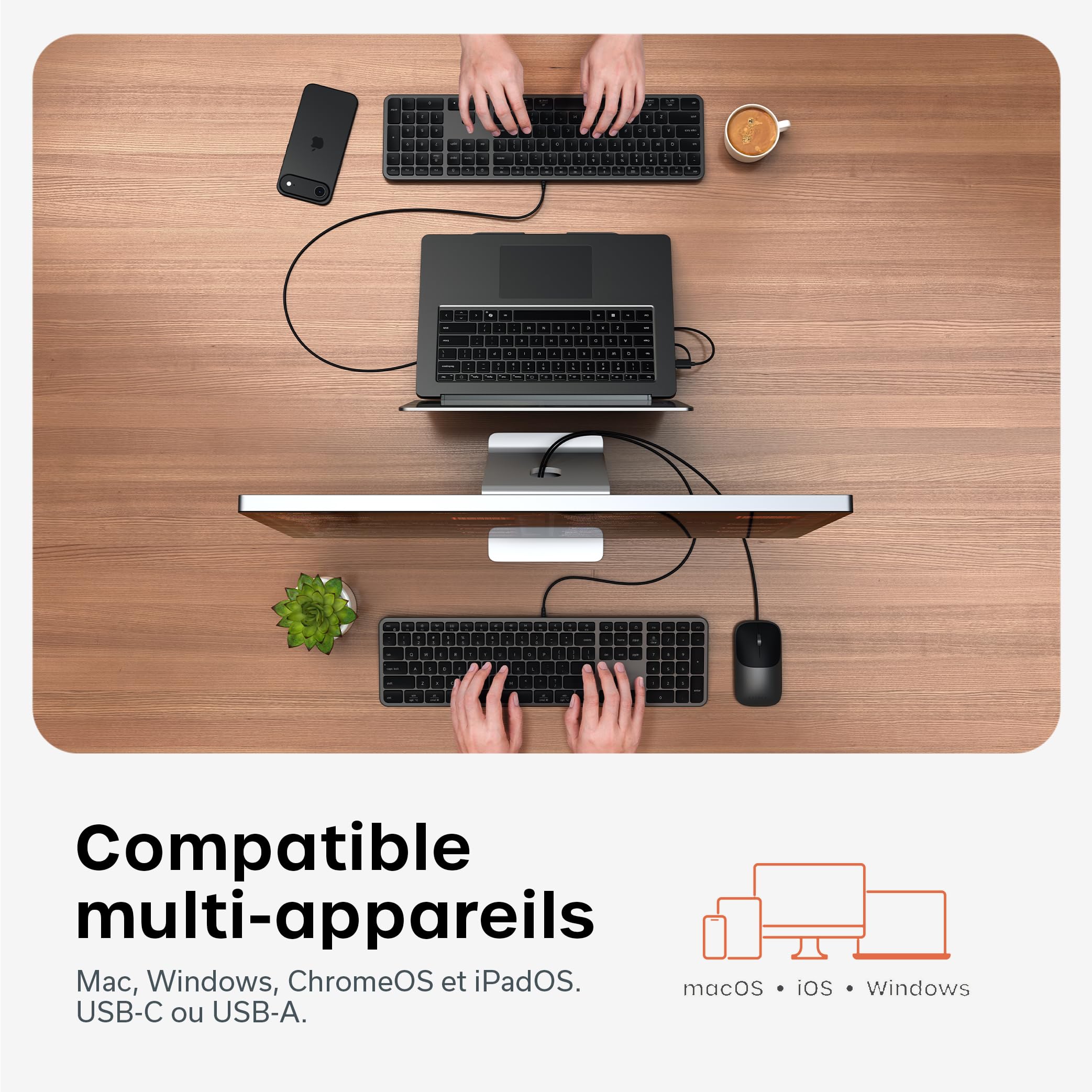 SATECHI Combo Clavier et Souris Filaire Slim CLX3 𝗤𝗪𝗘𝗥𝗧𝗬 𝗨𝗦, USB-C Plug and Play, Idéal pour Bureau, Compatible avec Mac, Windows et Android – Noir Sidéral